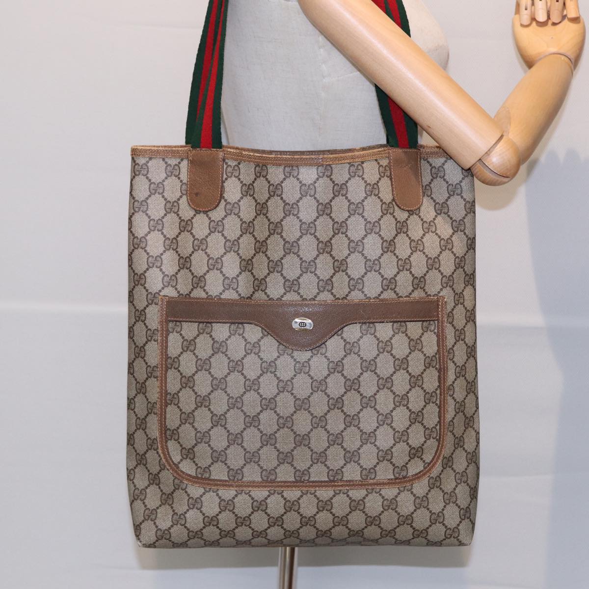 GUCCI GG Canvas Tote Bag Web Sherry Line Beige 39 02 003 bs16482