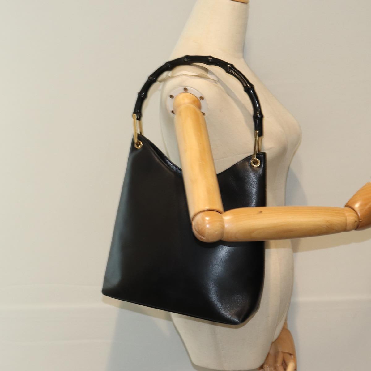 GUCCI Bamboo Hand Bag Leather Black bs16714