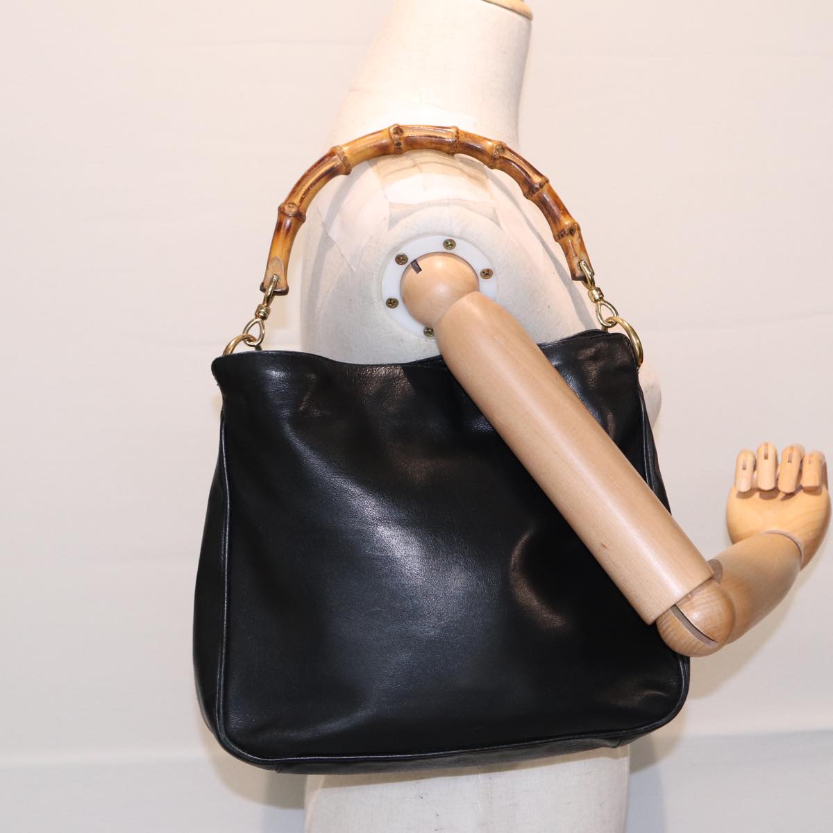 GUCCI Bamboo Hand Bag Leather Black Gold 001 1638 2615 bs16716