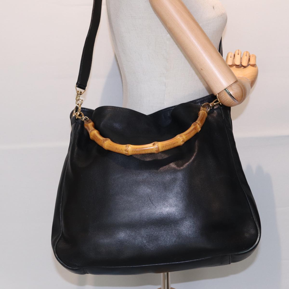 GUCCI Bamboo Hand Bag Leather 2way Black Gold 001 1577 bs16717