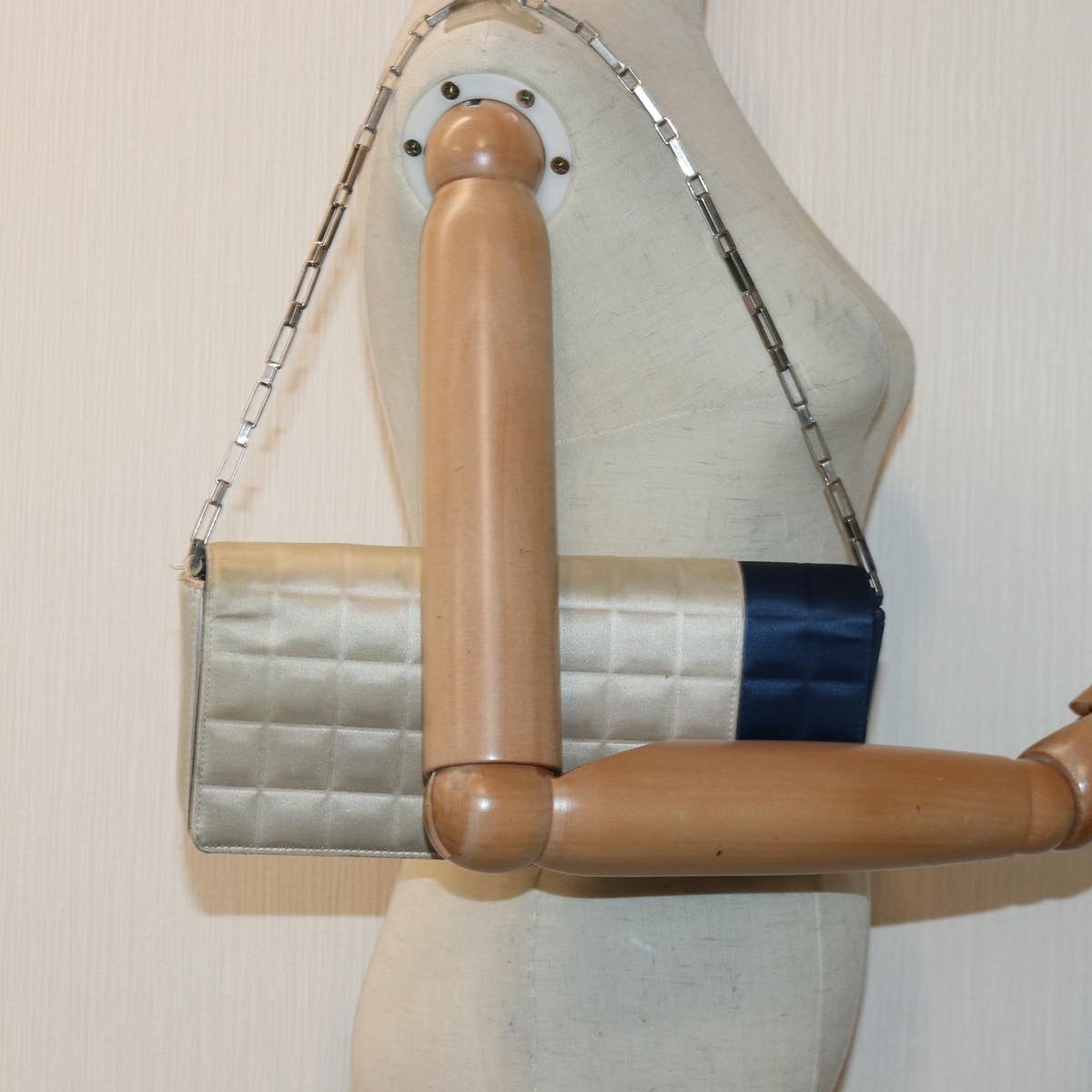 CHANEL Choco Bar Chain Hand Bag Satin Beige Navy CC bs16725