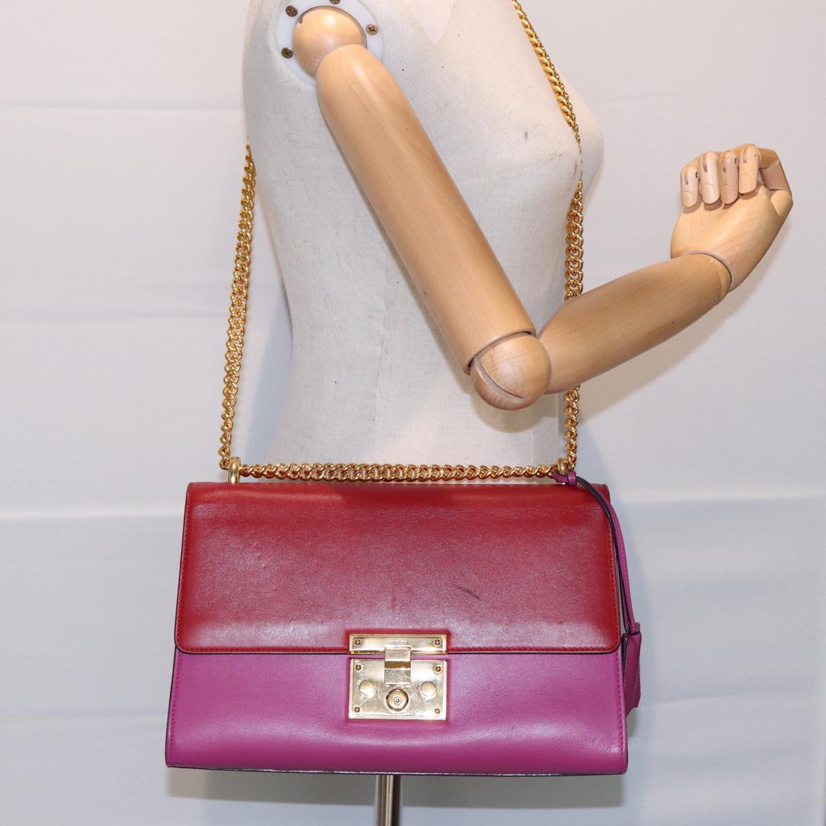 GUCCI Padlock Chain Shoulder Bag Leather Red Pink bs16789
