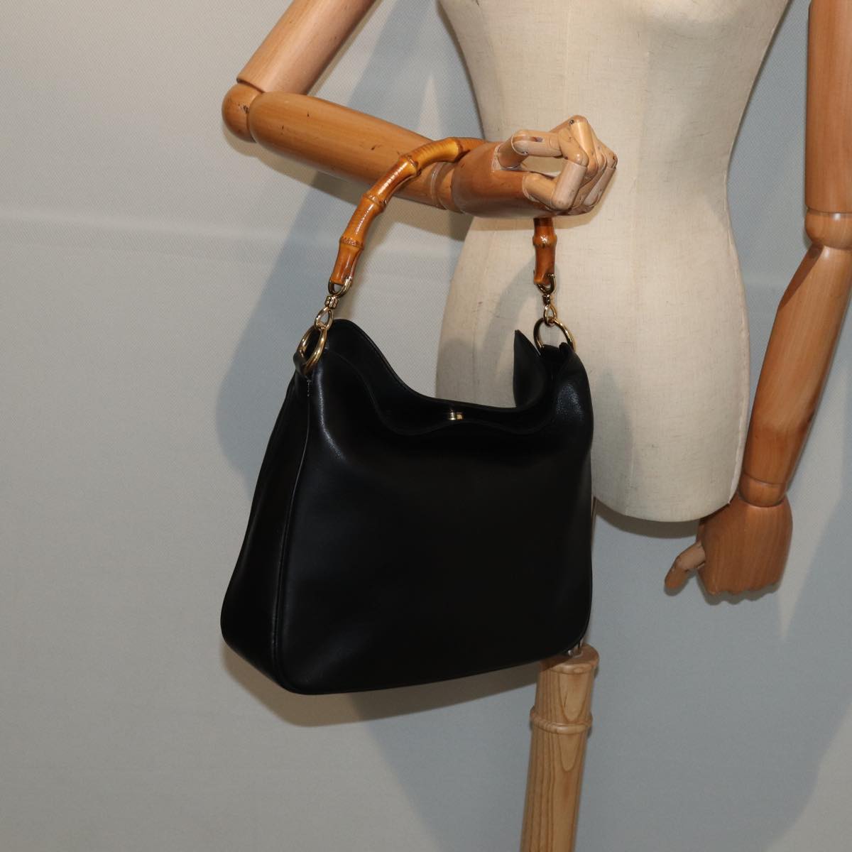 GUCCI Bamboo Hand Bag Leather Black Gold 001 3444 1638 bs17040