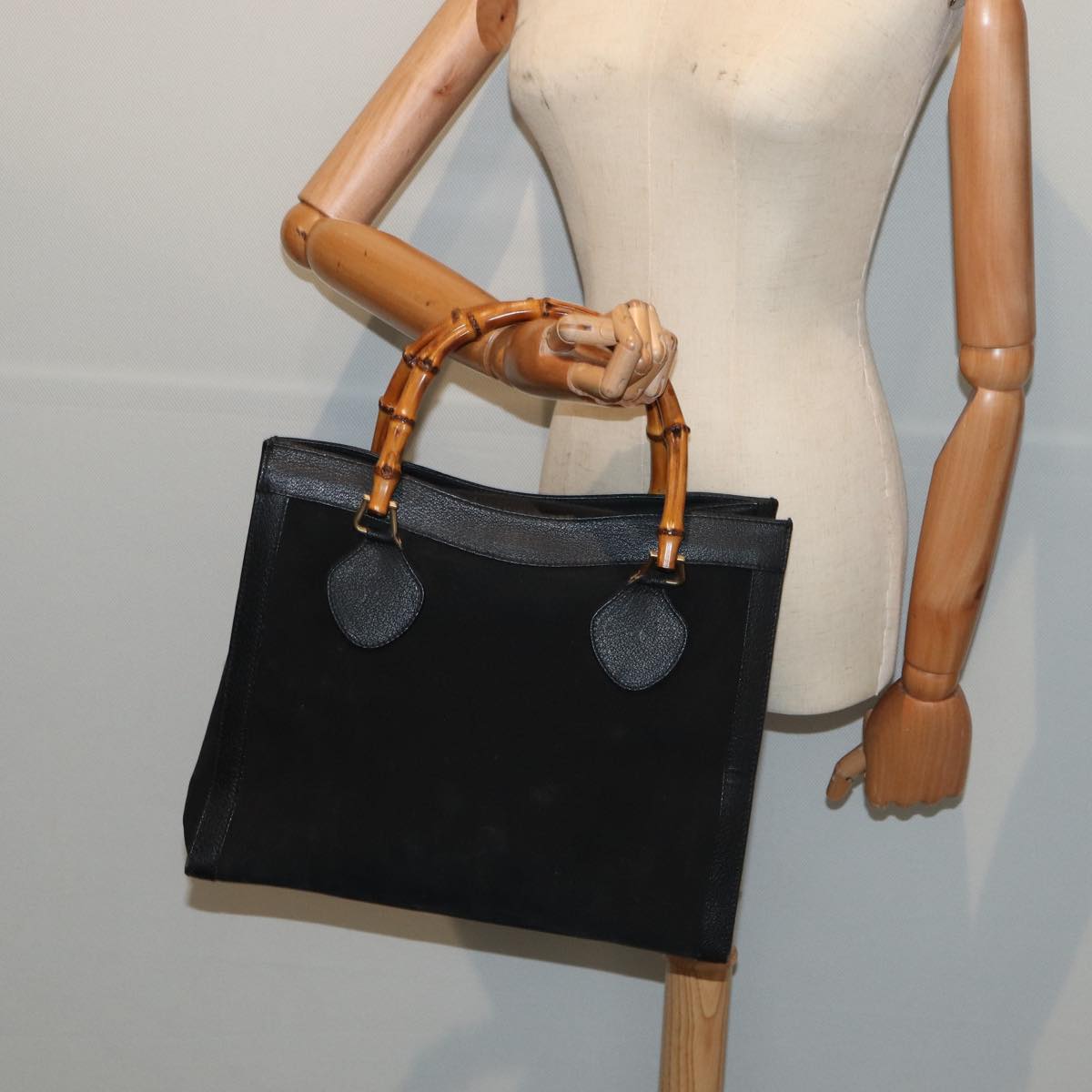 GUCCI Bamboo Hand Bag Suede Black Gold 002 123 0260 bs17116