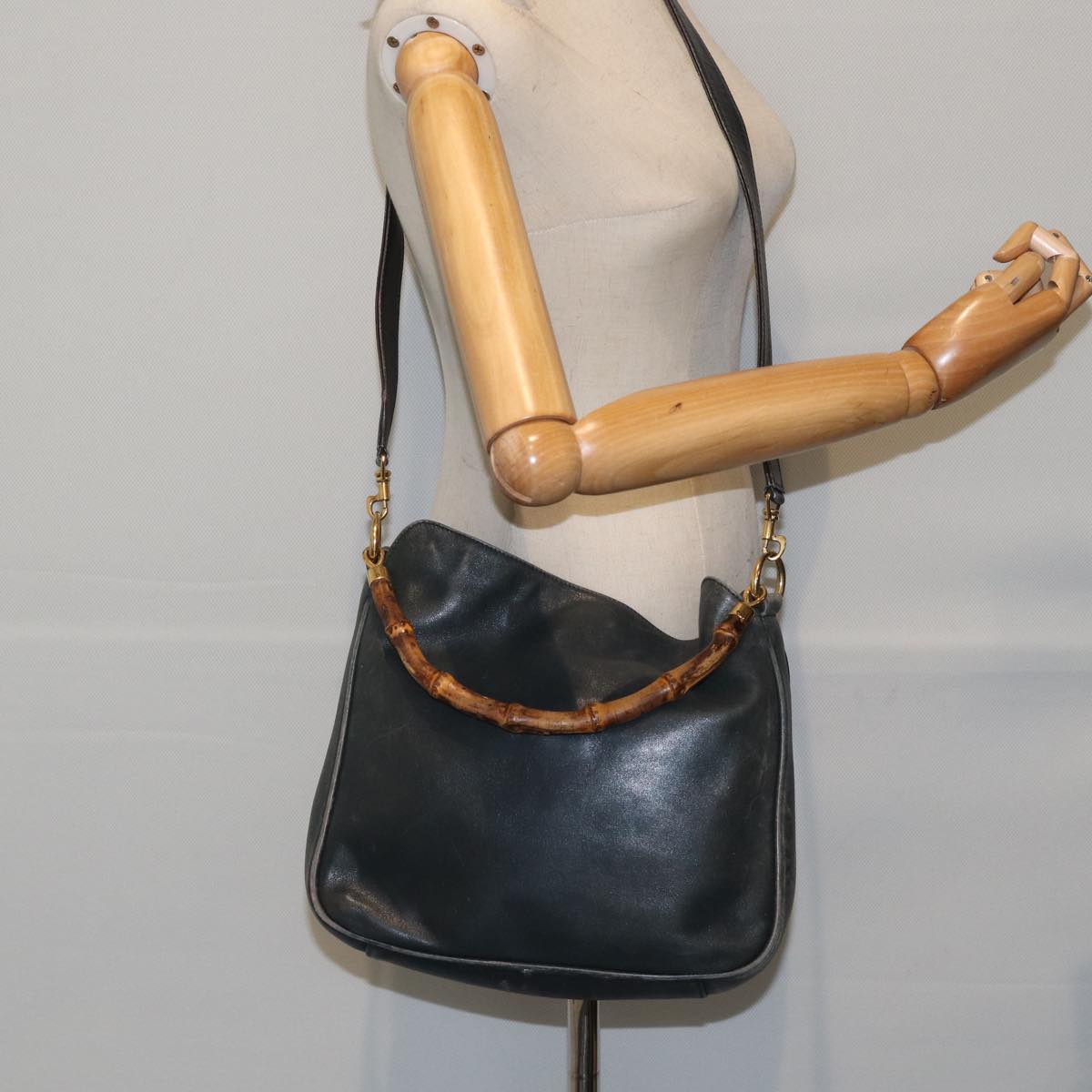 GUCCI Bamboo Hand Bag Leather 2way Black bs17354
