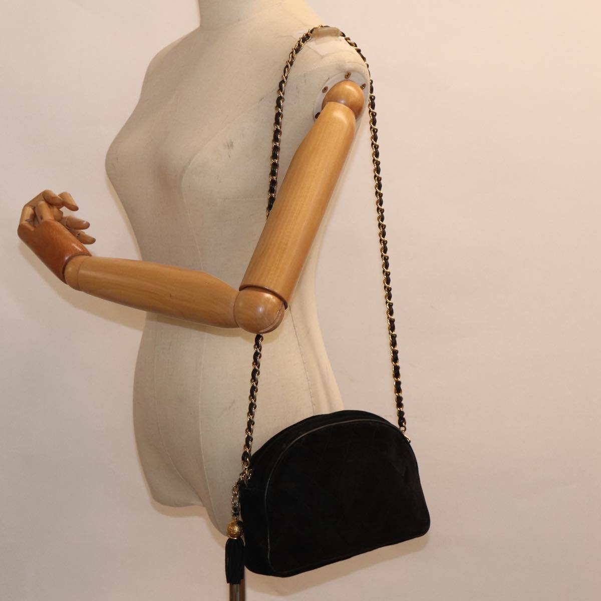CHANEL Matelasse Chain Shoulder Bag Suede Black Gold CC bs17434