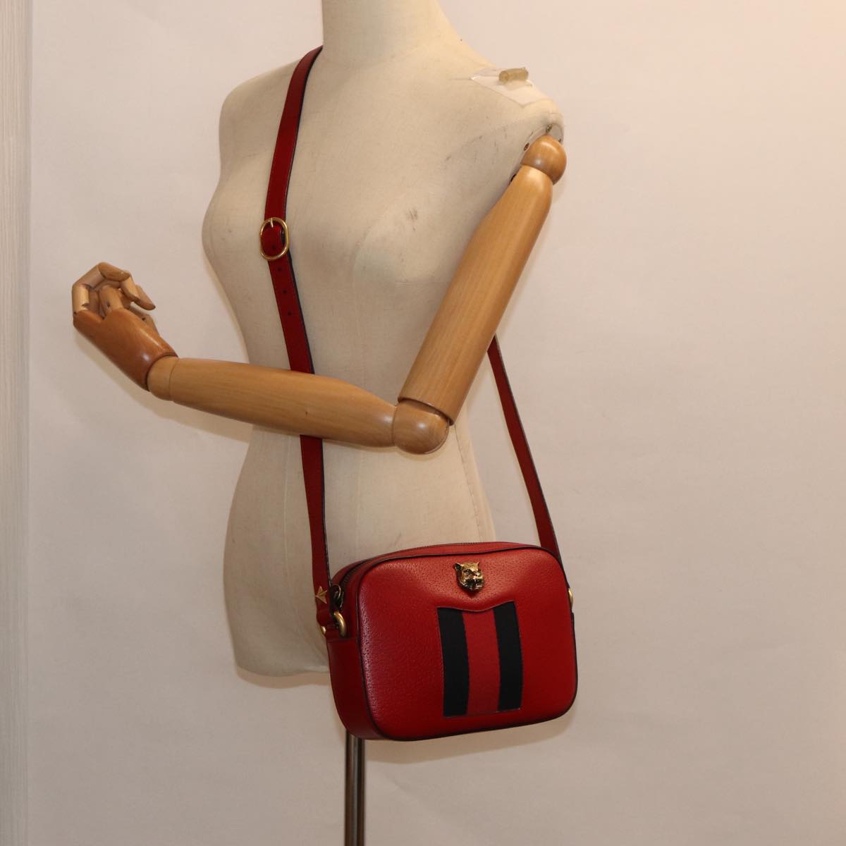 GUCCI Sherry Line Shoulder Bag Leather Gold Red Navy 431284 bs17477