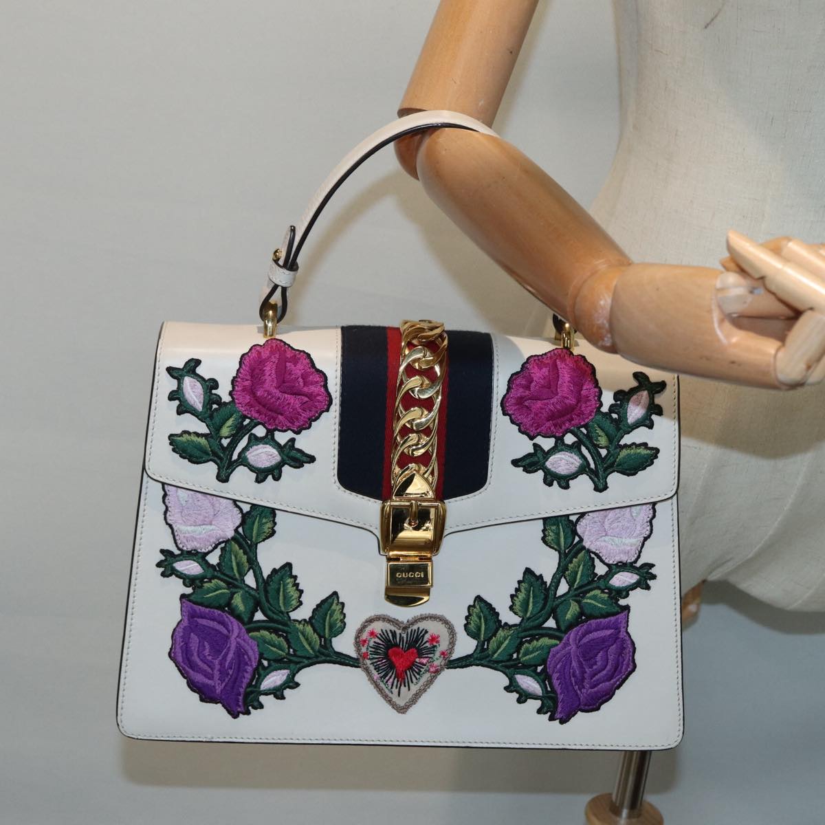GUCCI Silvi Sherry Line Hand Bag Leather 2way White Gold Red 431665 bs17582