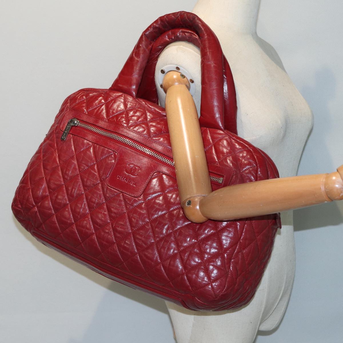 CHANEL Hand Bag Lamb Skin Red Silver CC bs17618