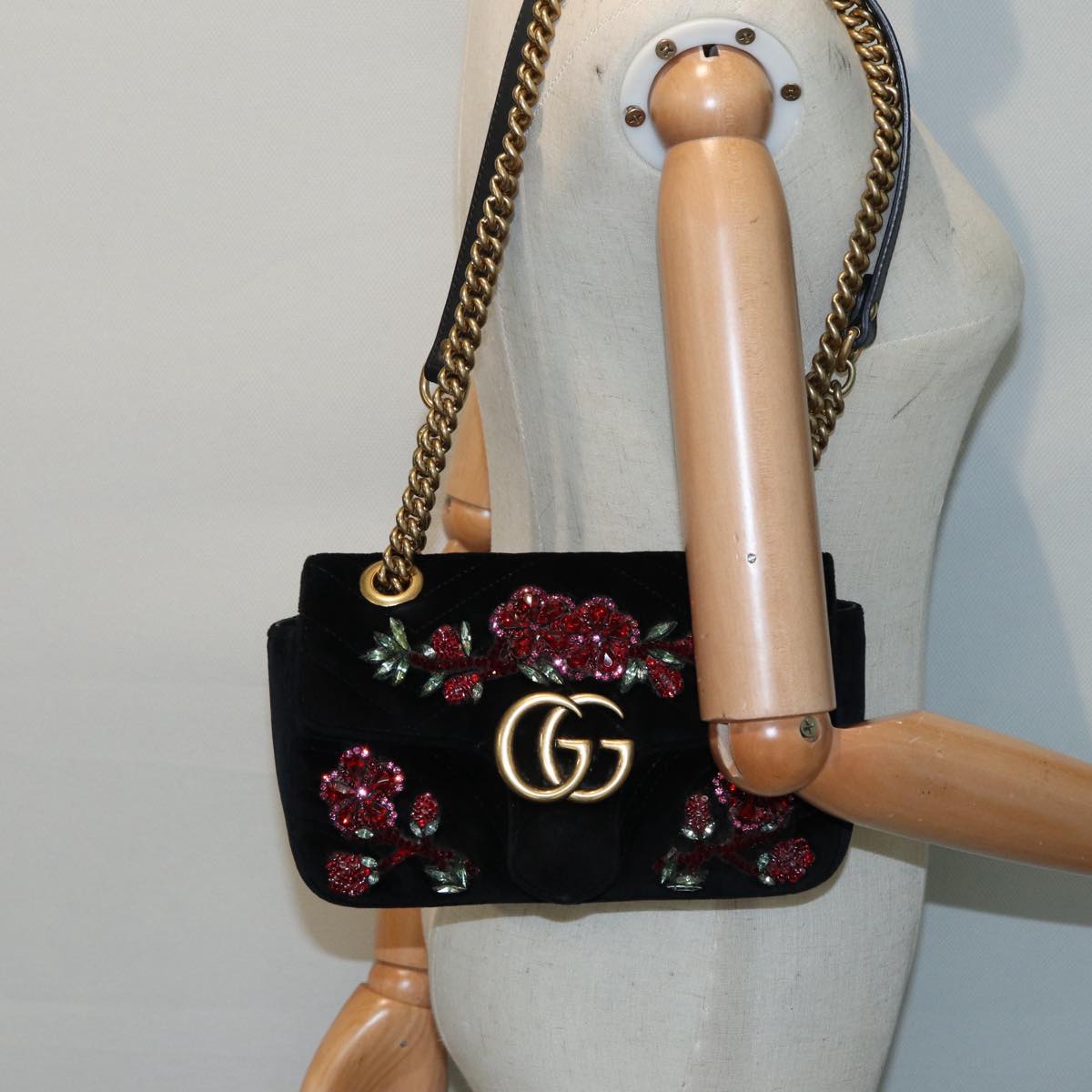 GUCCI GG Marmont Chain Shoulder Bag Velor Black Gold 446744 bs17663