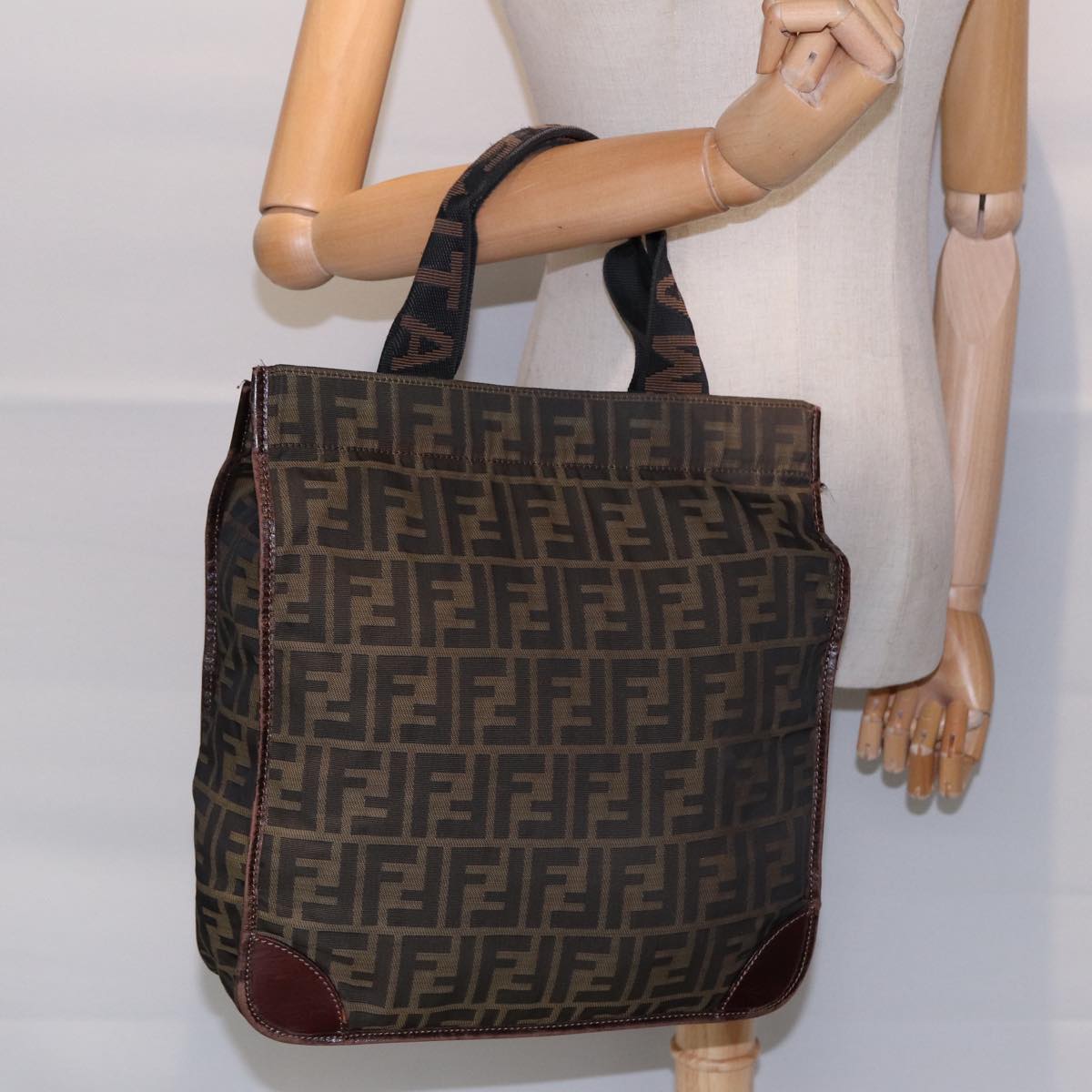 FENDI Zucca Canvas Hand Bag Brown Black Silver bs17723