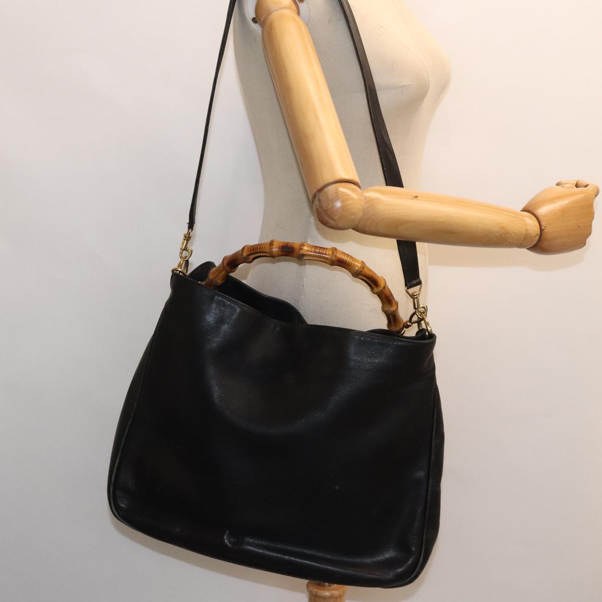 GUCCI Bamboo Hand Bag Leather 2way Black Gold 001 1781 1577 bs17930