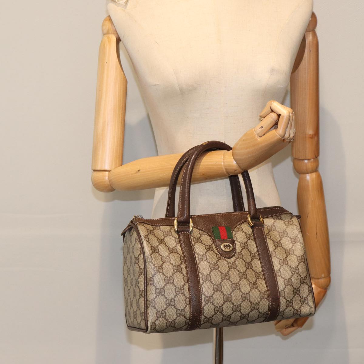 GUCCI GG Supreme Web Sherry Line Boston Bag PVC Beige Gold Red bs17972