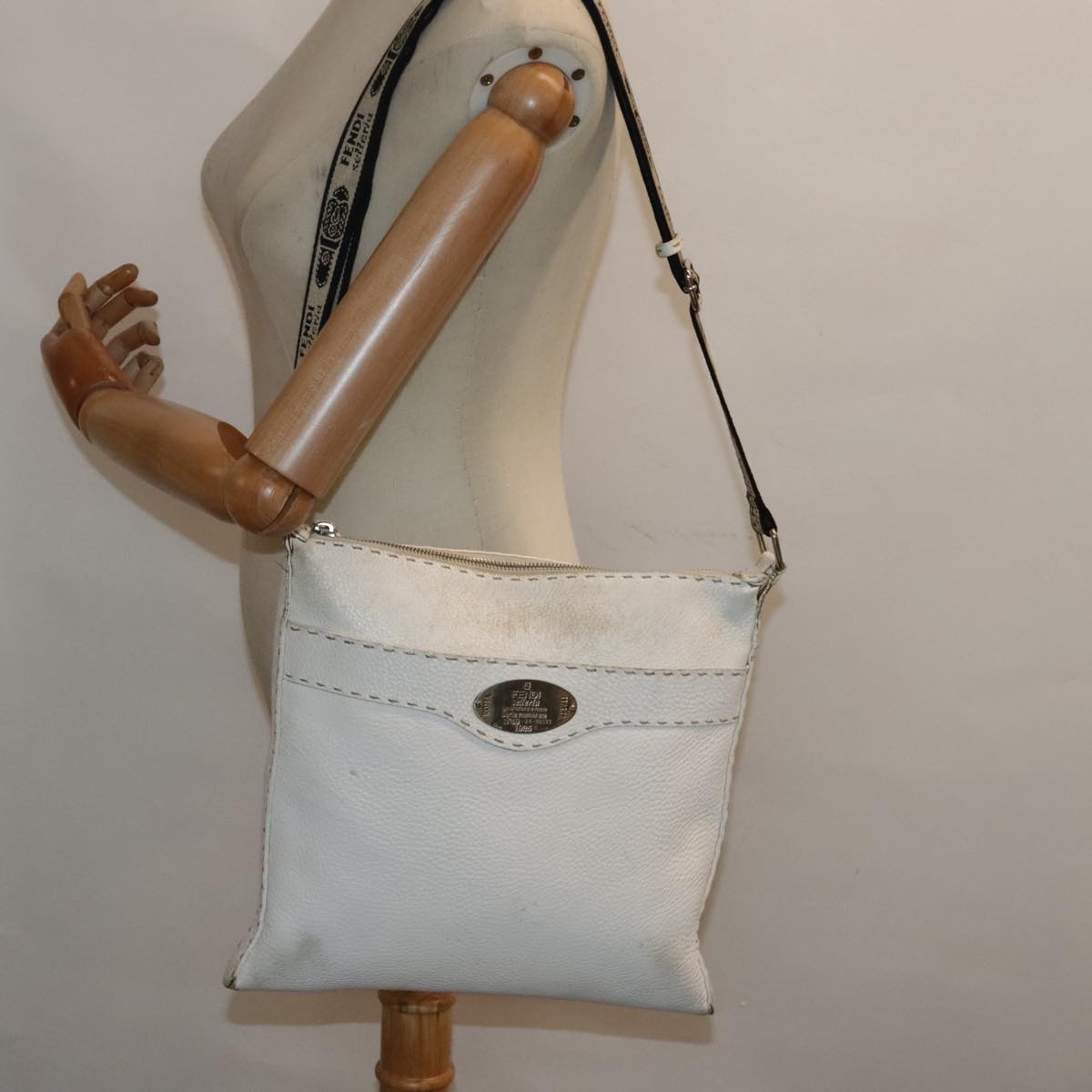 FENDI Celeria Shoulder Bag Leather Silver White bs18319