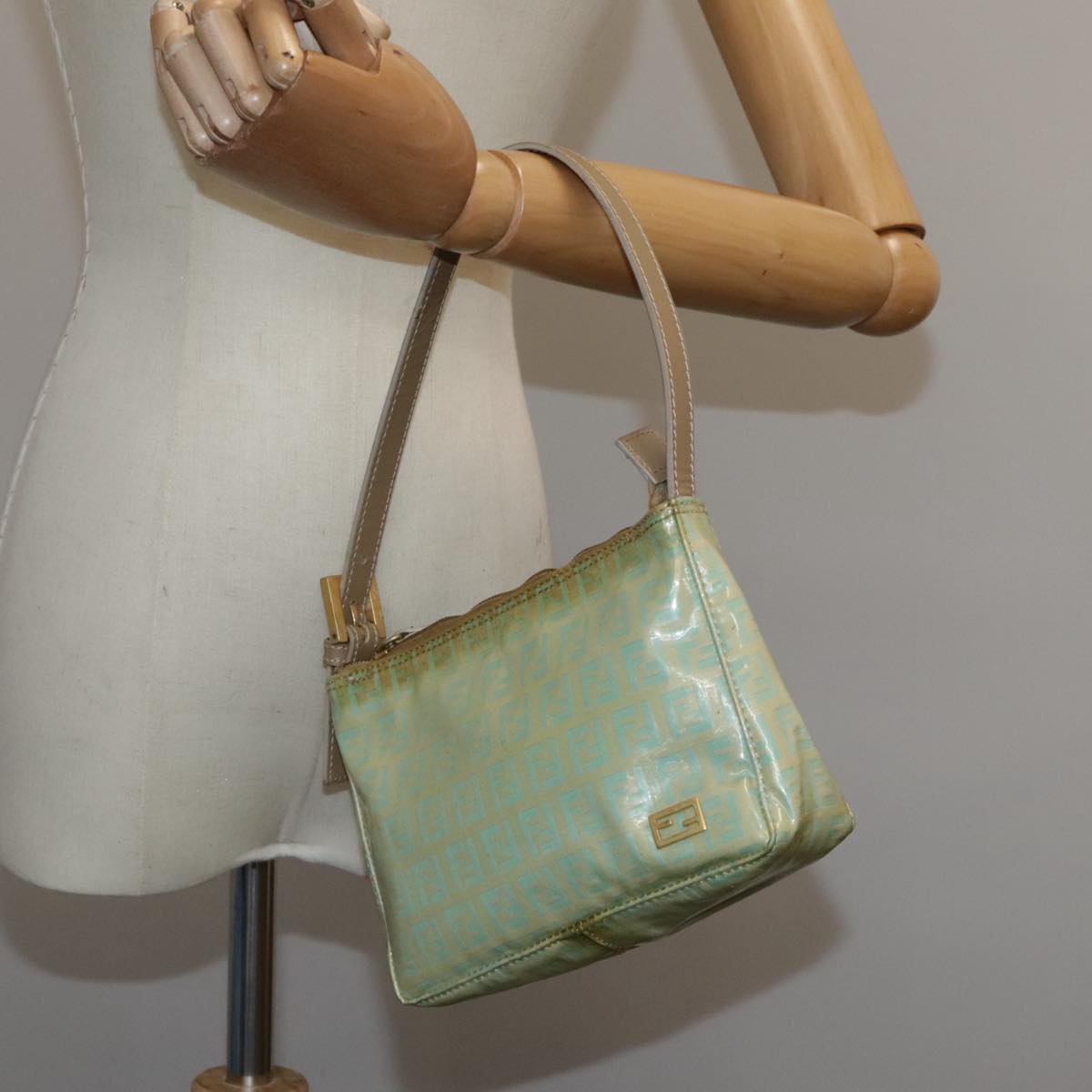 FENDI Zucchino Canvas Hand Bag Enamel Leather Blue Beige gold bs18730