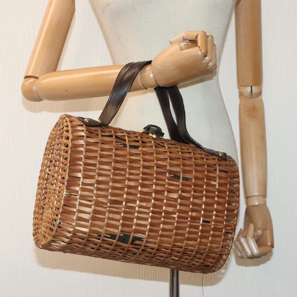 FENDI Hand Bag Wood Beige Gold bs18841