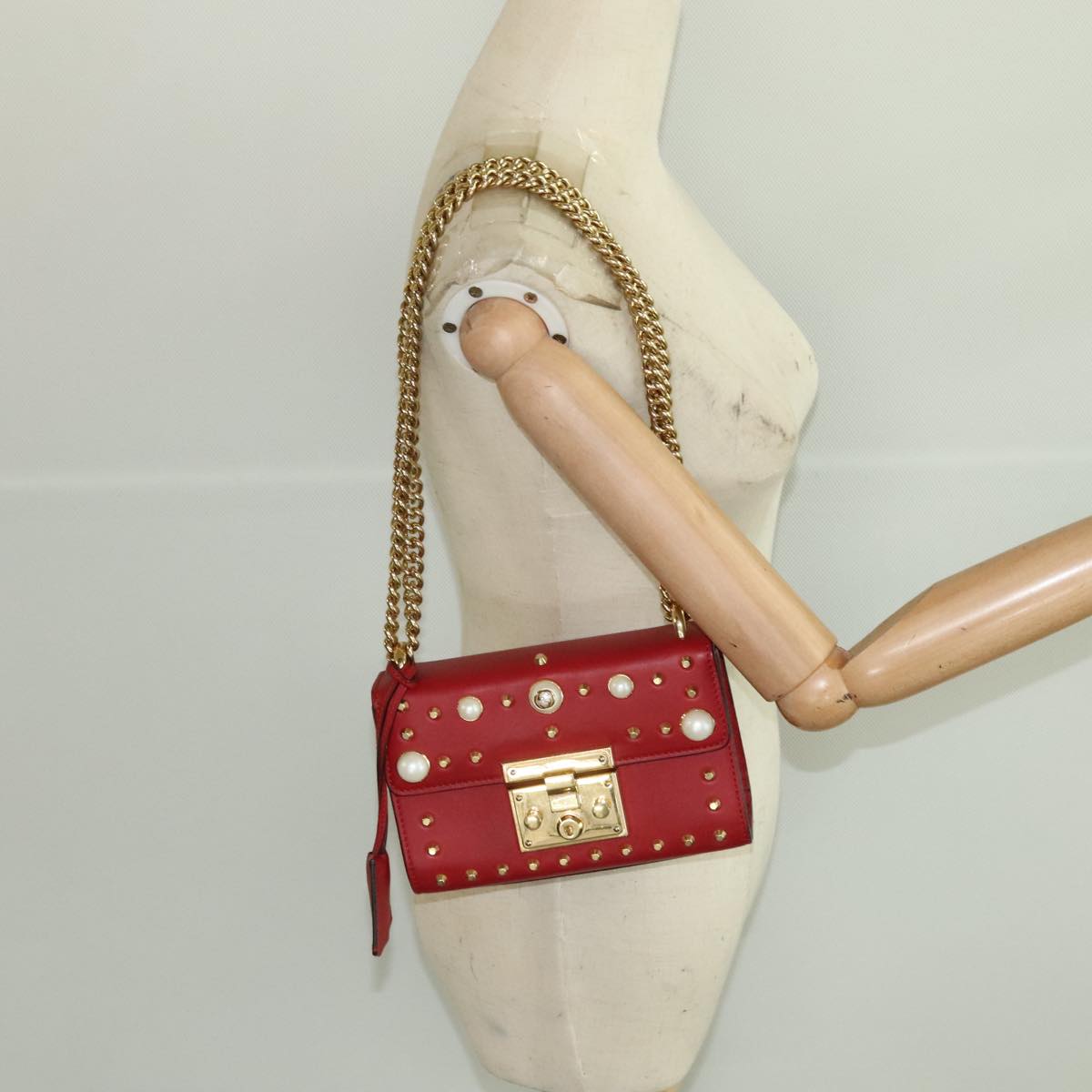 GUCCI Padlock Chain Shoulder Bag Leather Red Gold 432182 bs18902A