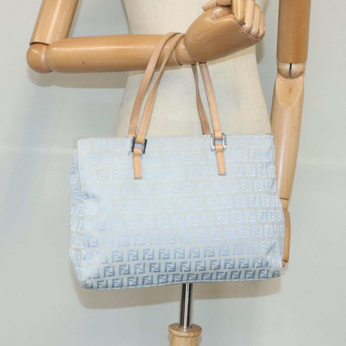FENDI Zucchino Canvas Hand Bag Light Blue Silver bs19020
