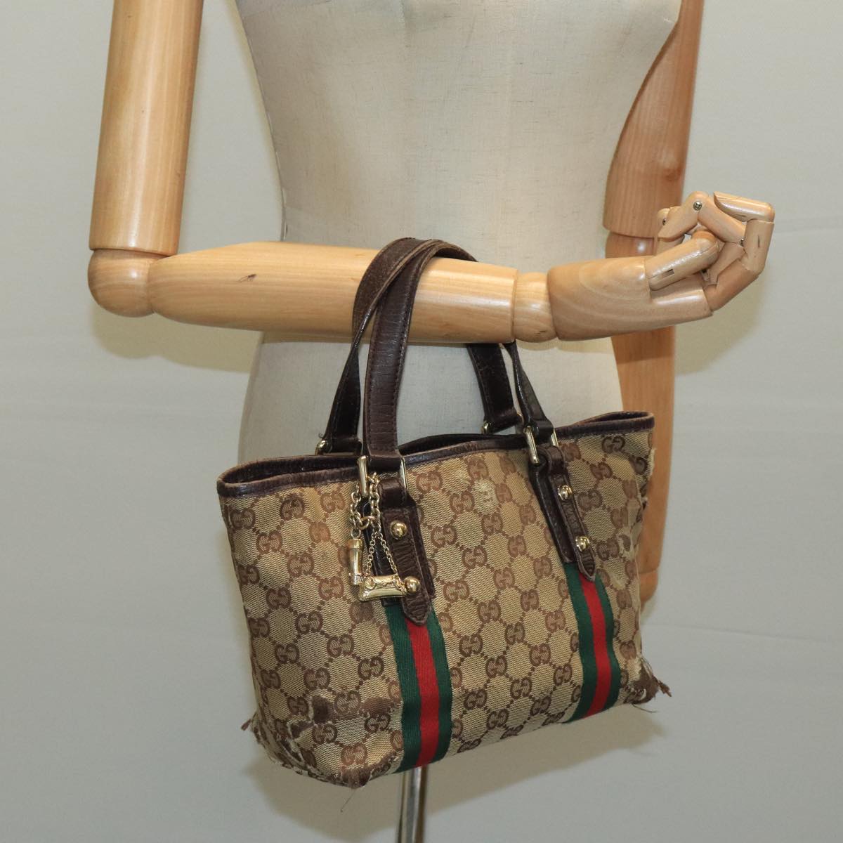 GUCCI GG Canvas Web Sherry Line Hand Bag Beige Gold Red 139261 bs19579