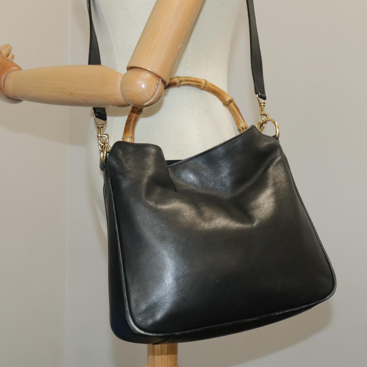 GUCCI Hand Bag Leather 2way Black Gold bs19673