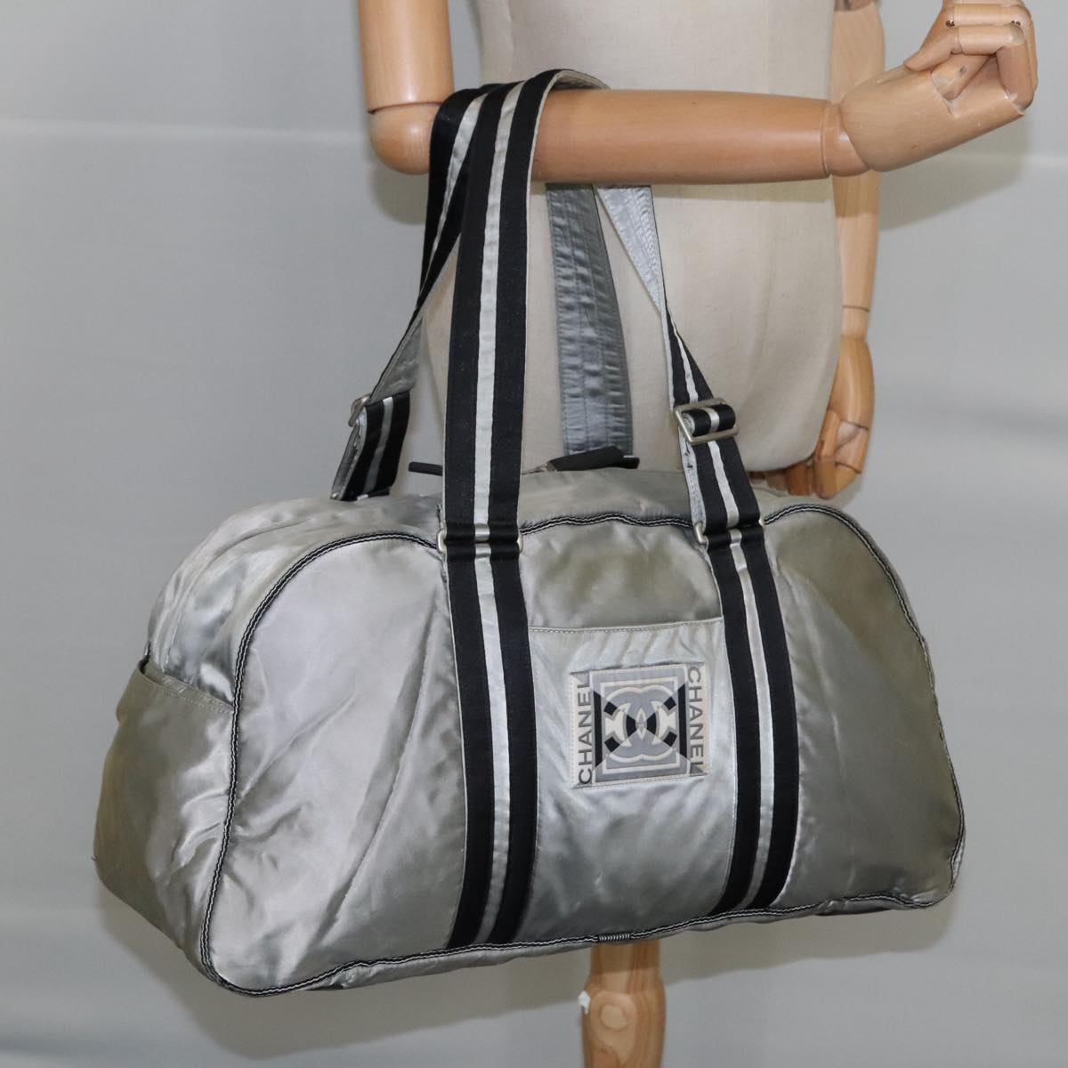 CHANEL Sports Boston Bag Canvas Silver Black CC bs19744