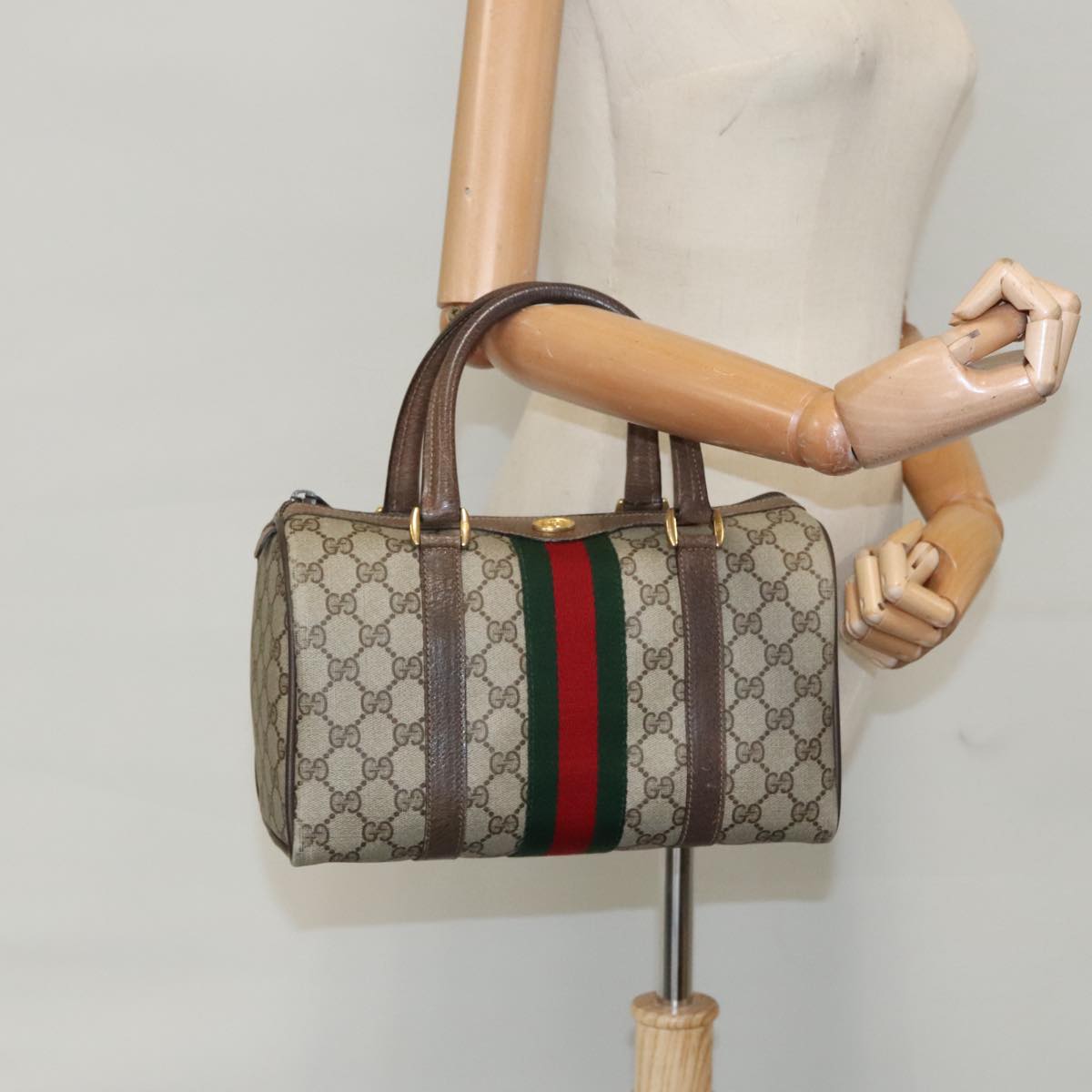 GUCCI GG Supreme Web Sherry Line Boston Bag PVC Beige 40 02 006 bs19804