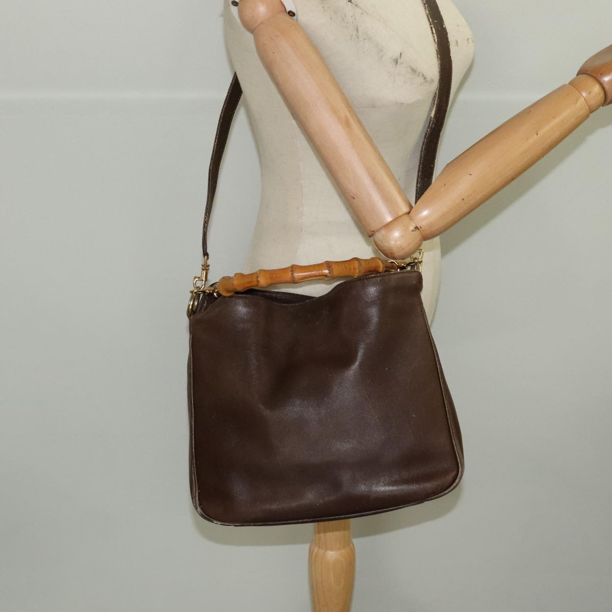 GUCCI Bamboo Hand Bag Leather 2way Brown Gold 001 3444 1638 bs20098