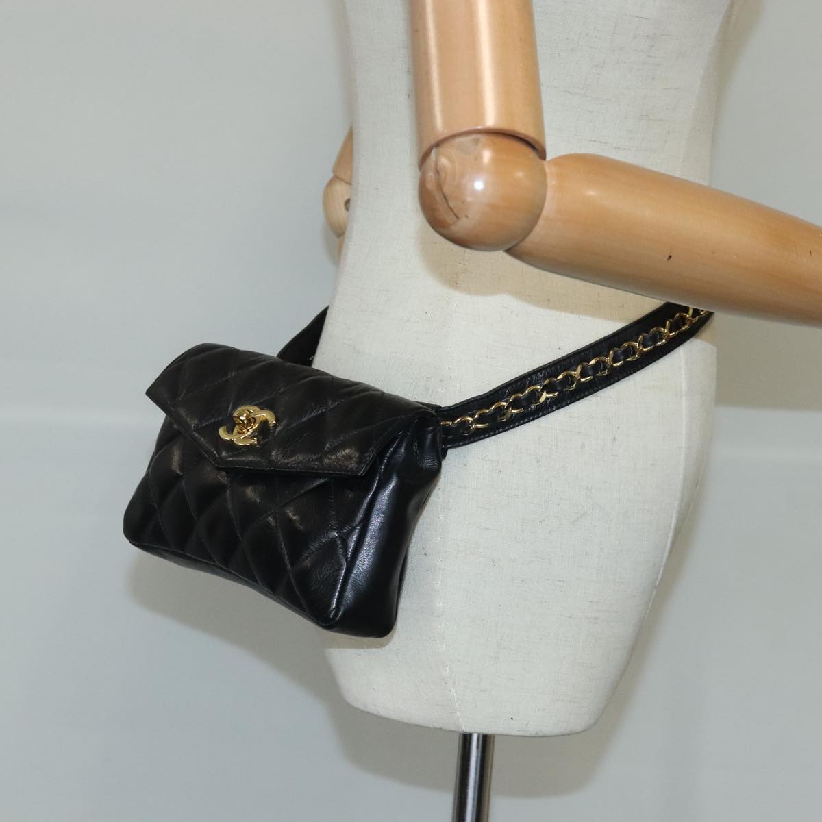 CHANEL Matelasse Chain Waist bag Lamb Skin Black Gold CC bs20175