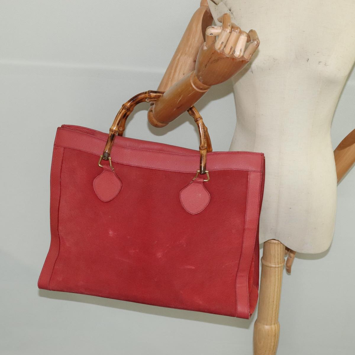 GUCCI Bamboo Hand Bag Suede Leather Red Gold 002 1186 0259 bs20333