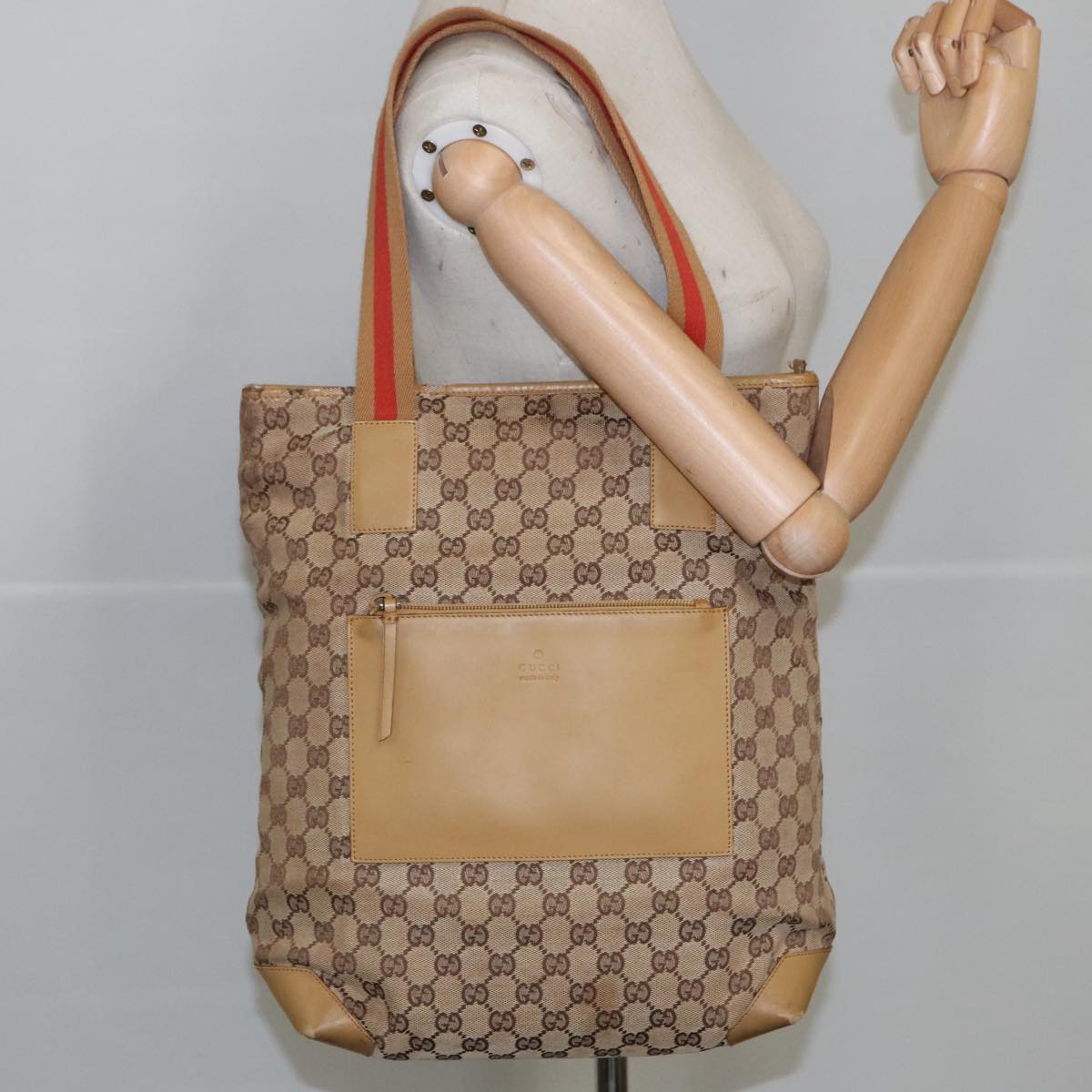 GUCCI GG Canvas Sherry Line Tote Bag Beige Red Gold 019 0401 bs20335