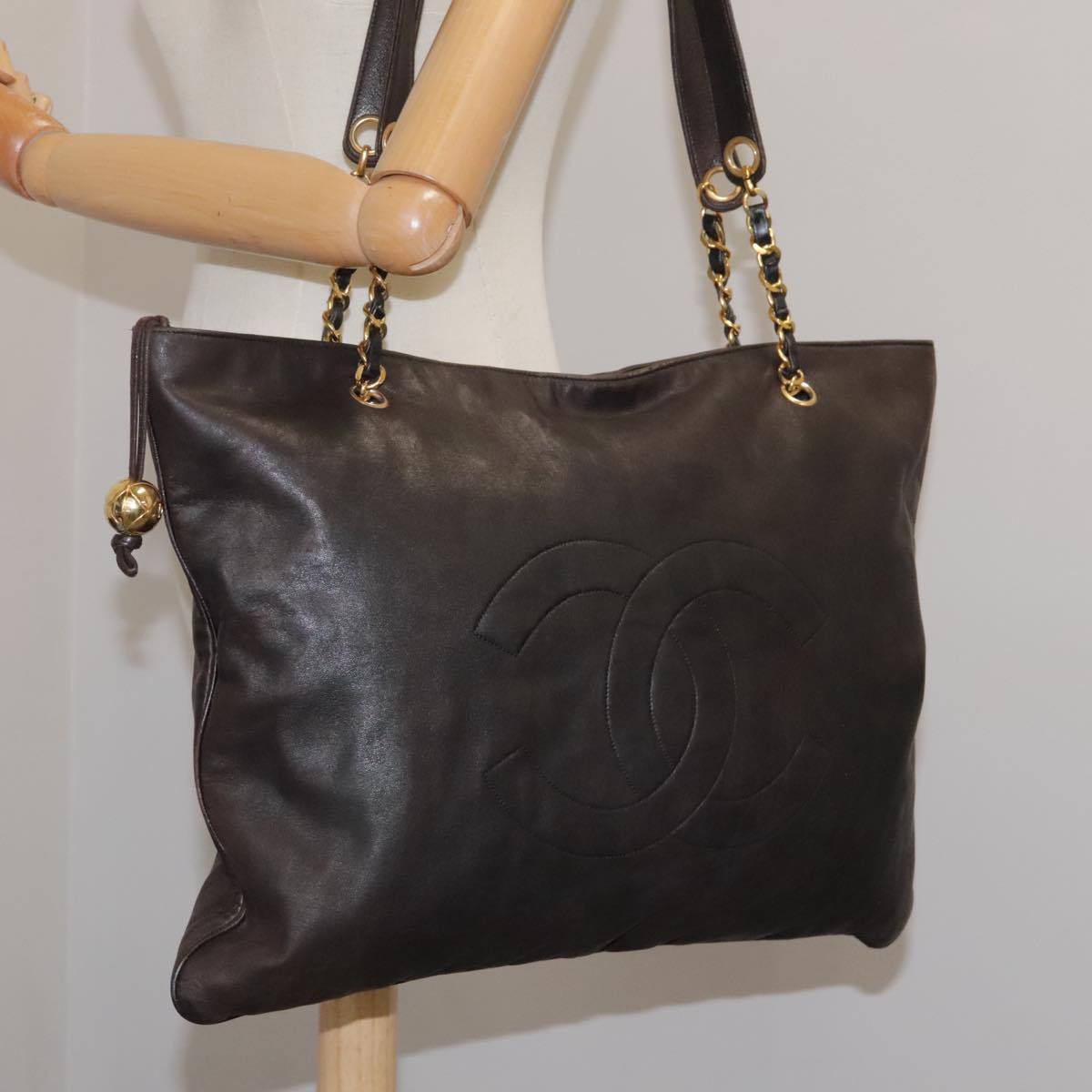 CHANEL COCO Mark Chain Tote Bag Leather Brown CC bs20968