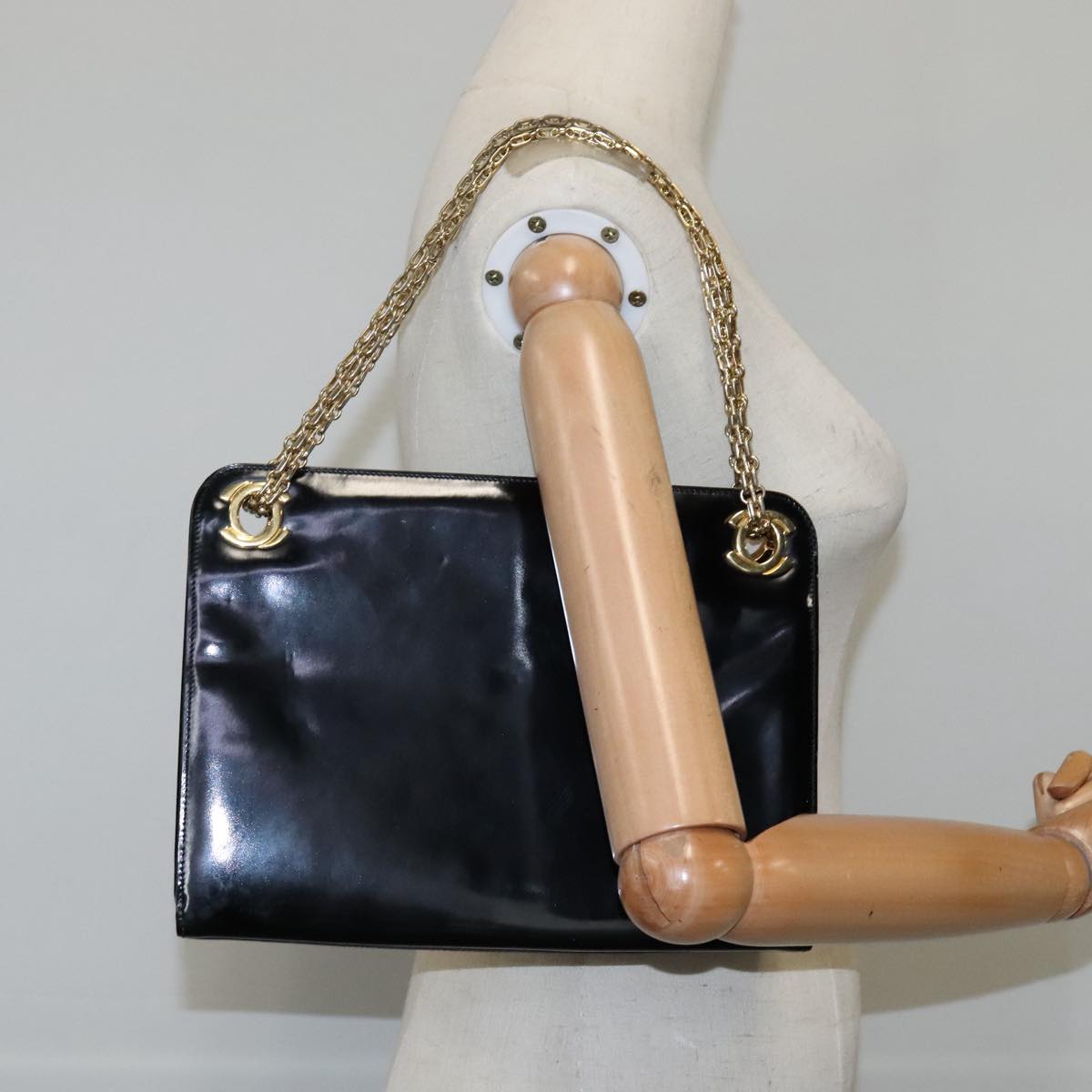 CHANEL Chain Shoulder Bag Patent leather Black Gold CC bs21126
