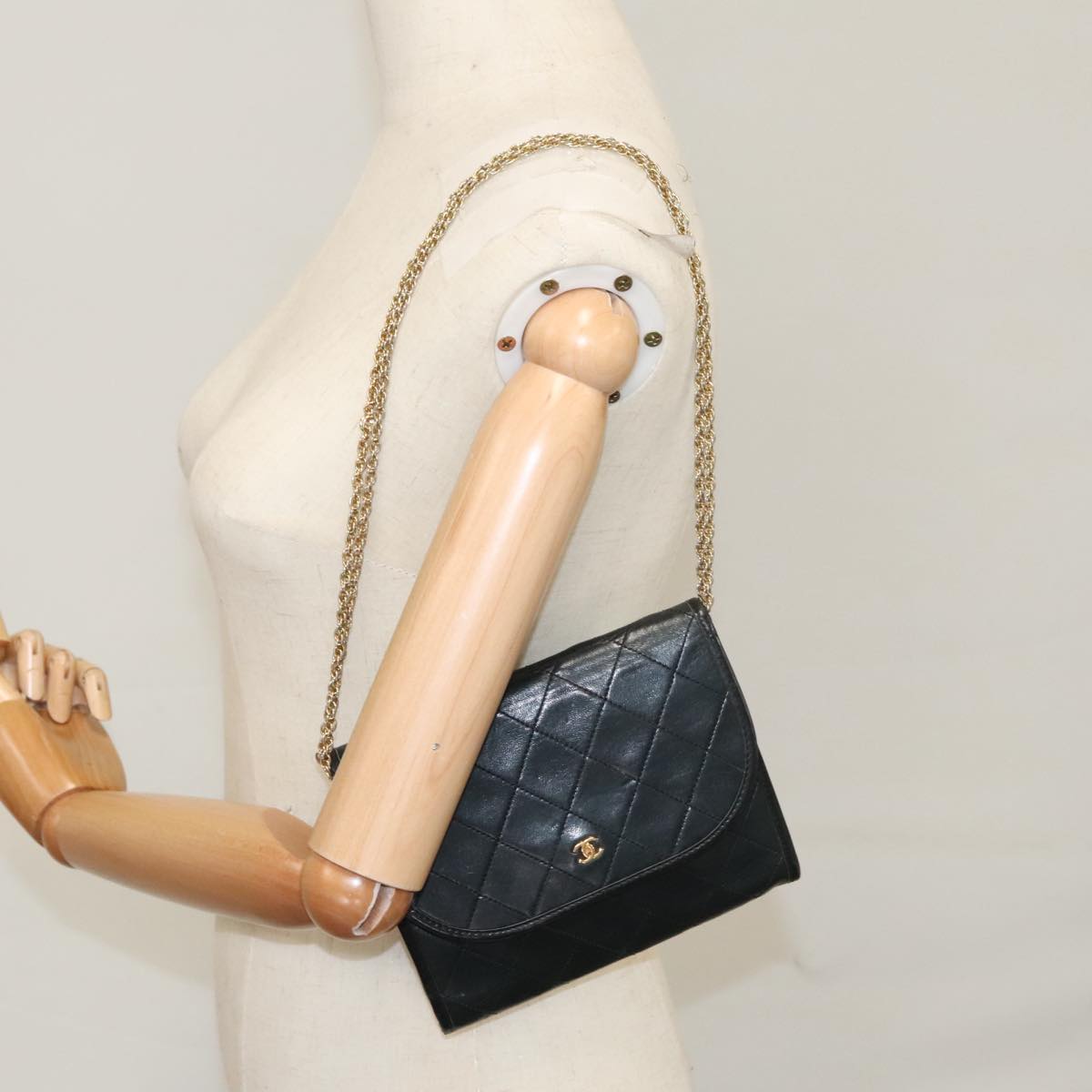 CHANEL Chain Matelasse Shoulder Bag Lamb Skin Gold Black CC bs21129