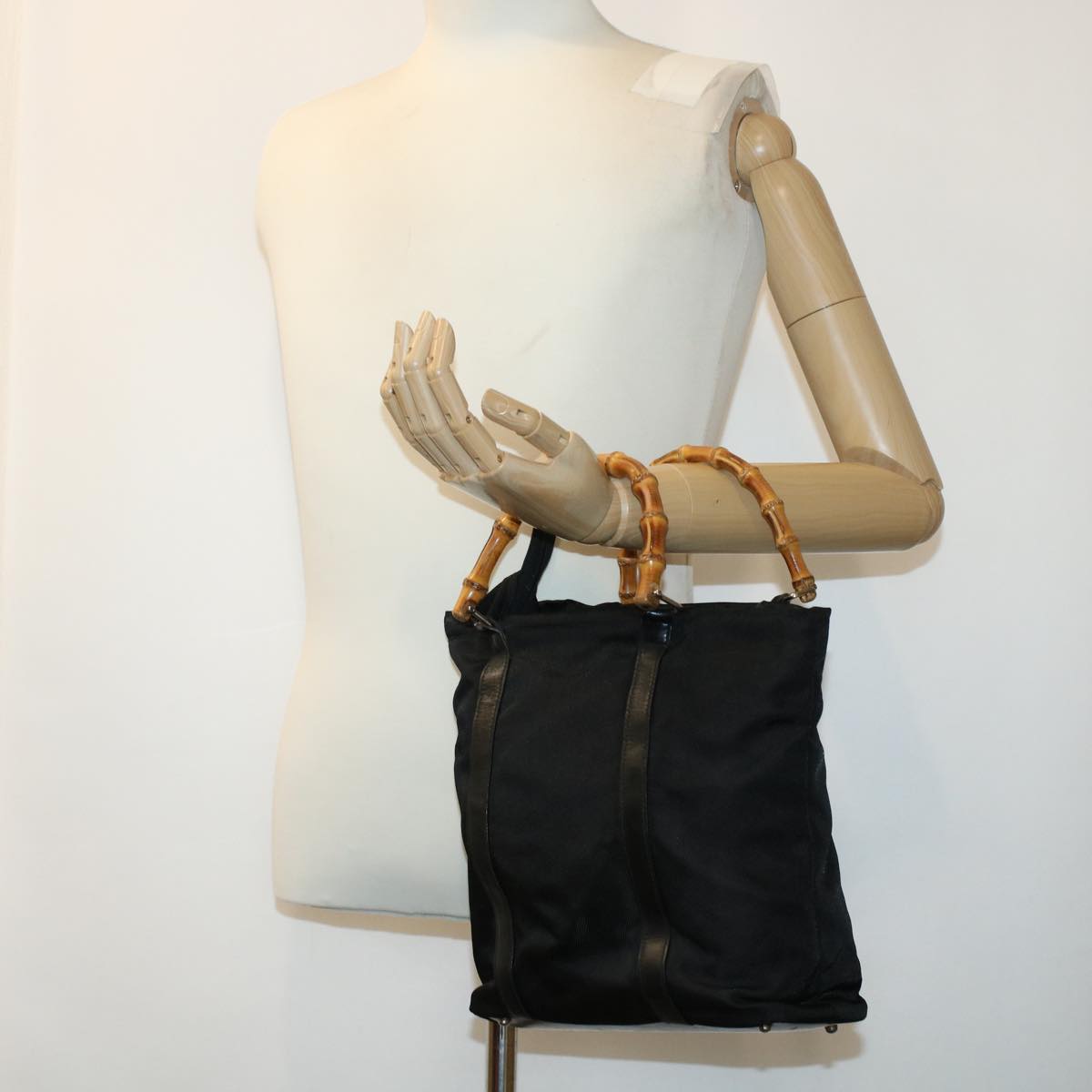 GUCCI Bamboo Hand Bag Nylon Black bs5044