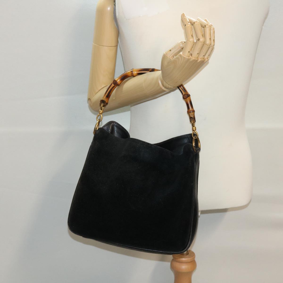 GUCCI Bamboo Shoulder Bag Suede Black Brown bs5760
