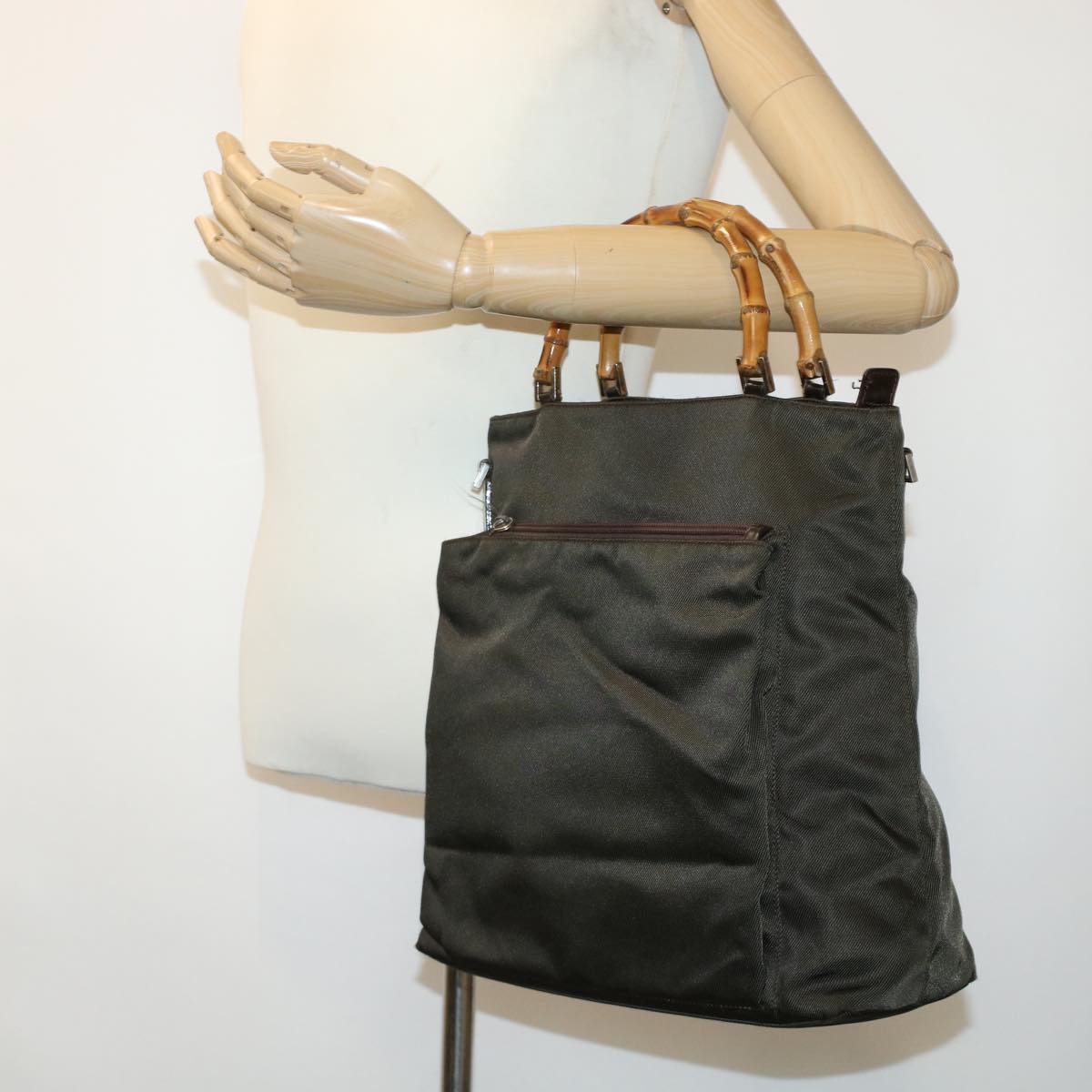GUCCI Bamboo Shoulder Bag Nylon Khaki bs5984