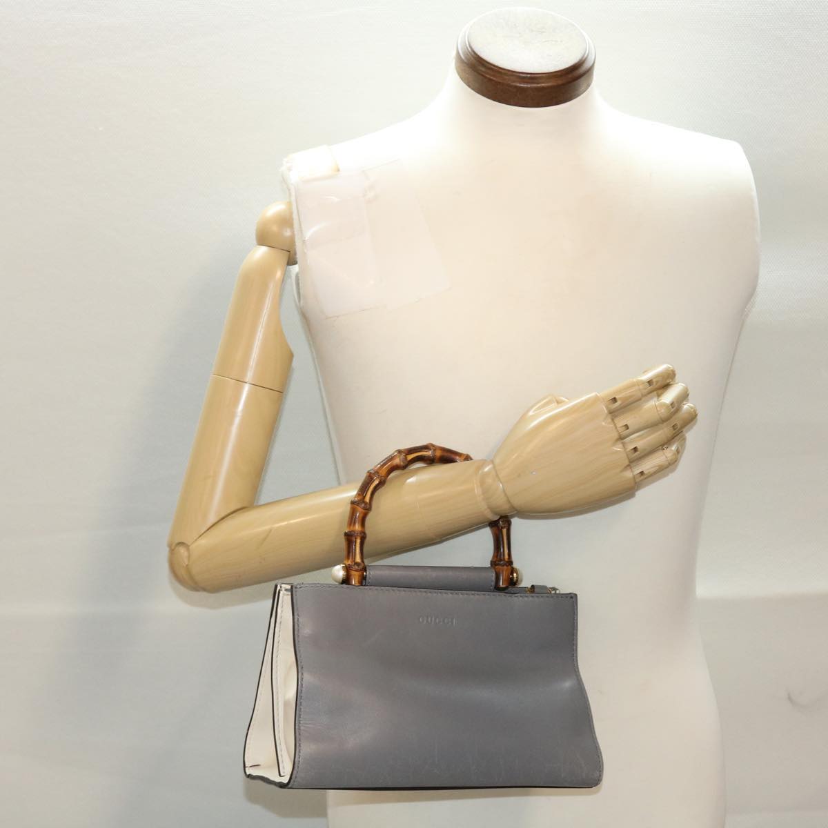 GUCCI Bamboo Hand Bag Leather Gray 470271 bs6837