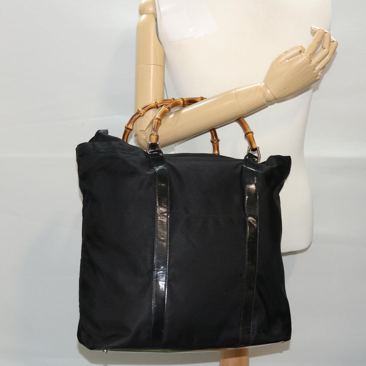 GUCCI Bamboo Hand Bag Nylon Black bs7000