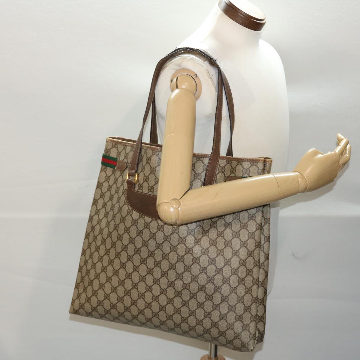 GUCCI GG Canvas Web Sherry Line Tote Bag Beige Red Green 39.02.091 bs7153