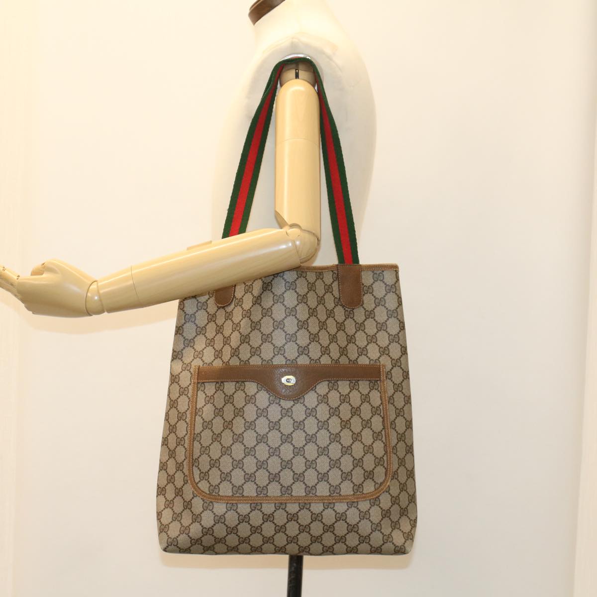 GUCCI GG Canvas Web Sherry Line Tote Bag Beige Red Green 39.02.003 bs7344