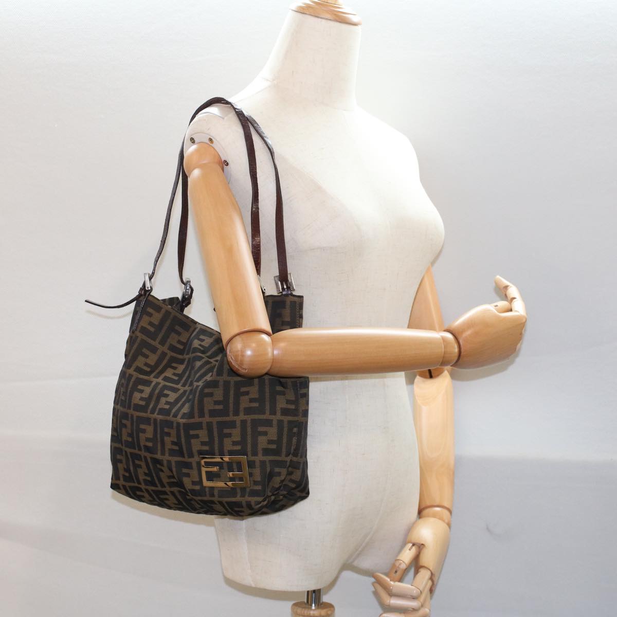 FENDI Zucca Canvas Shoulder Bag Black Brown bs7393