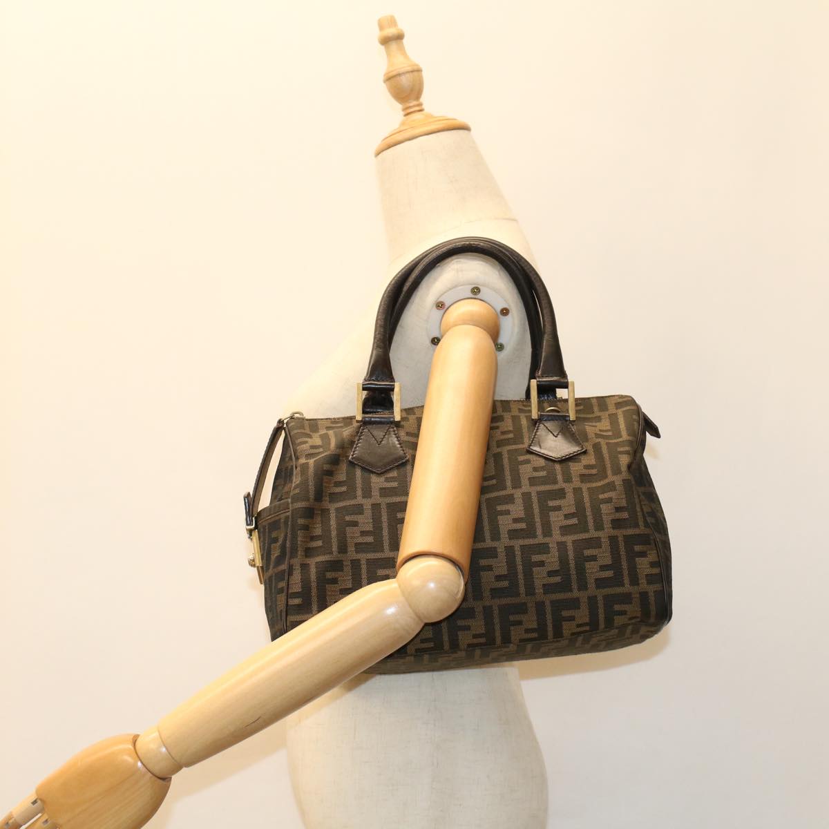 FENDI Zucca Canvas Boston Bag Leather Black Brown bs7951