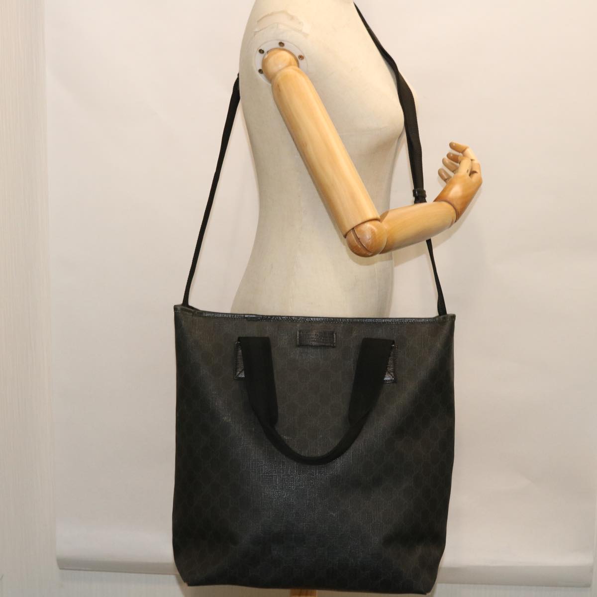GUCCI GG Canvas Tote Bag PVC Leather 2way Black 162163 bs7983