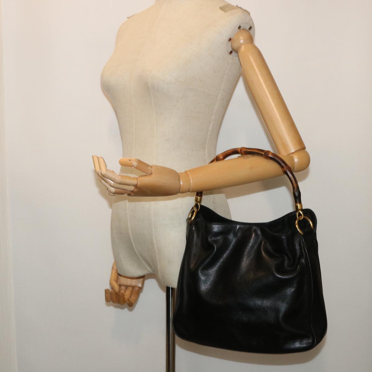 GUCCI Bamboo Shoulder Bag Leather 2way Black 001 1732 1688 bs8089