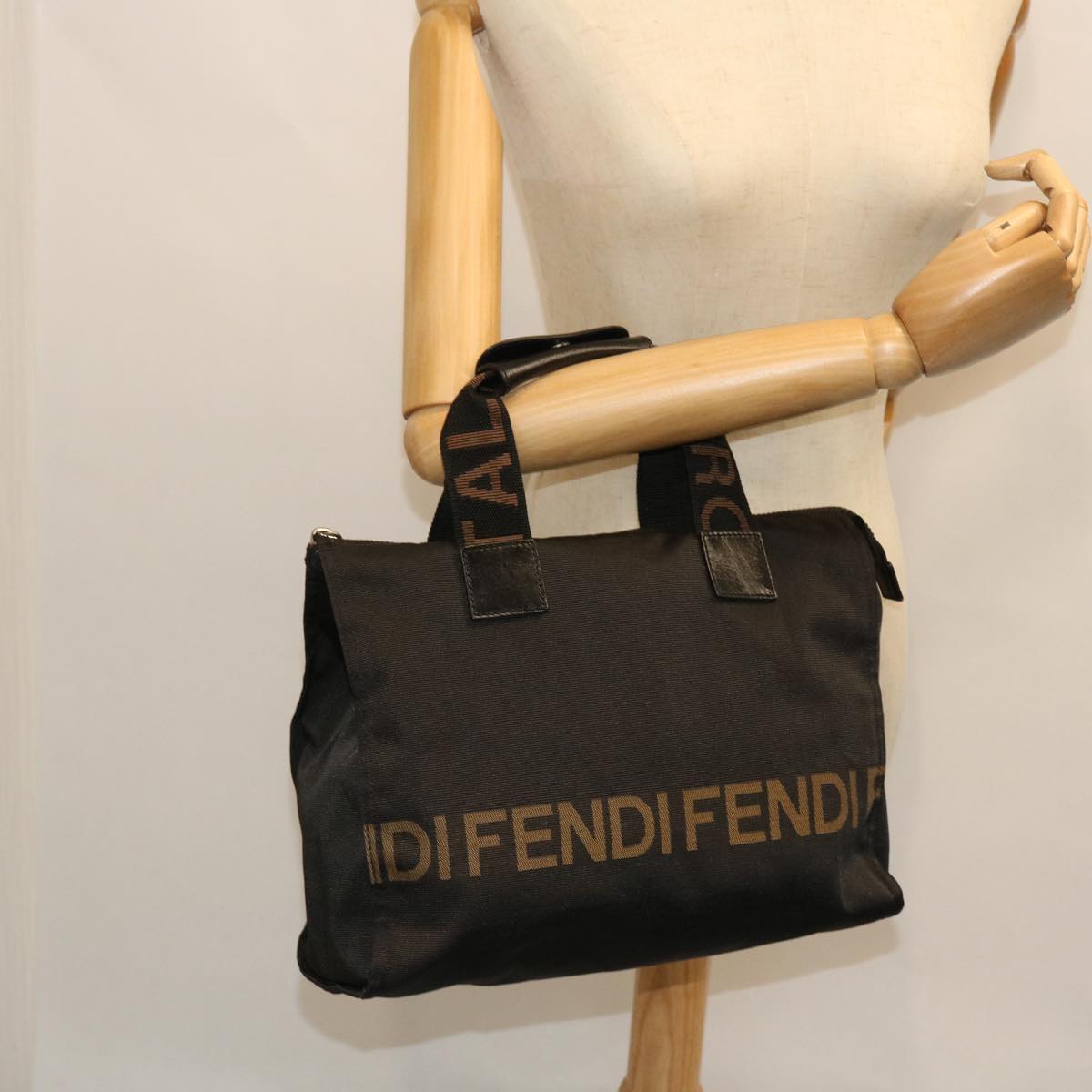 FENDI Hand Bag Nylon Black Brown bs8205