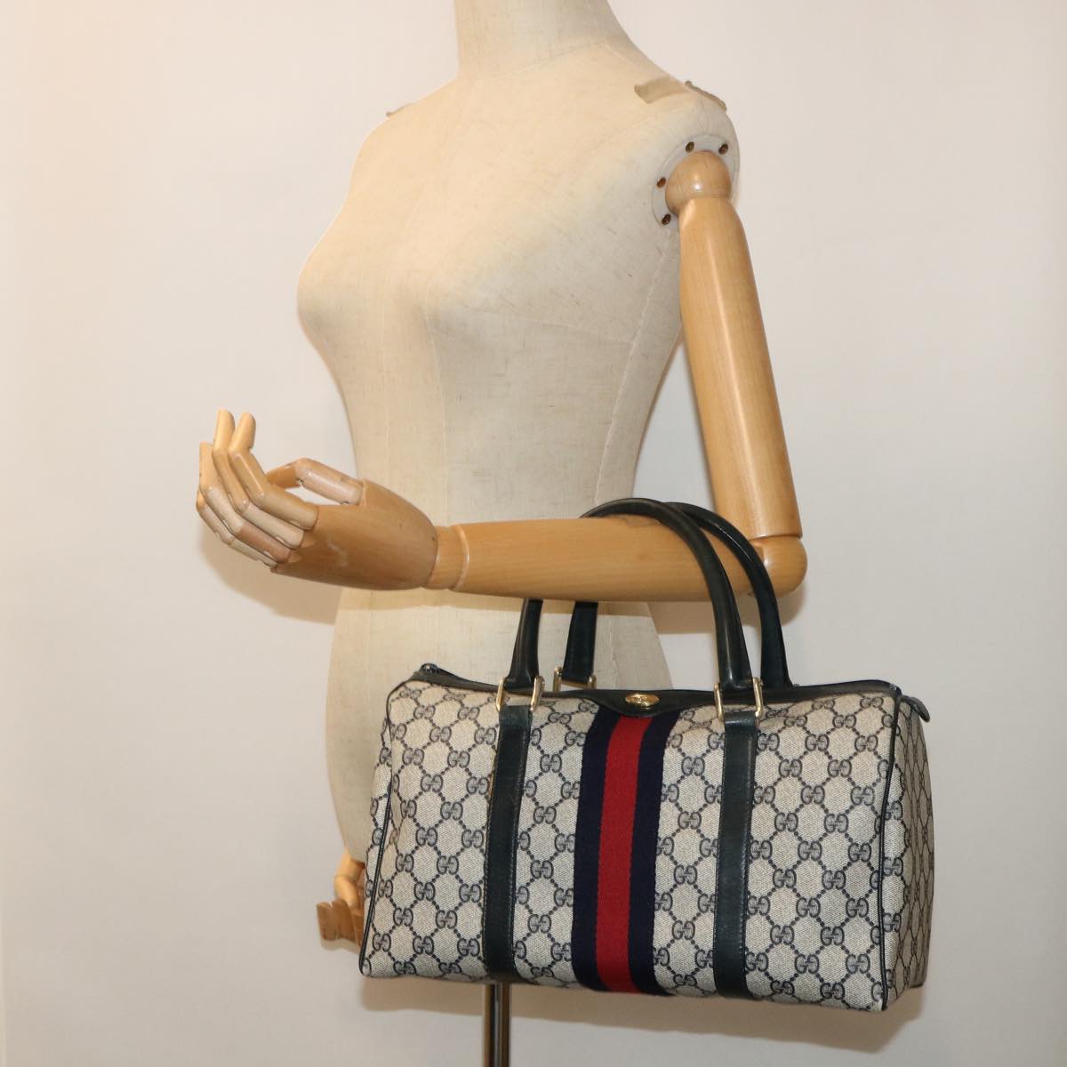 GUCCI GG Canvas Sherry Line Boston Bag Red Navy gray 010 378 bs8340