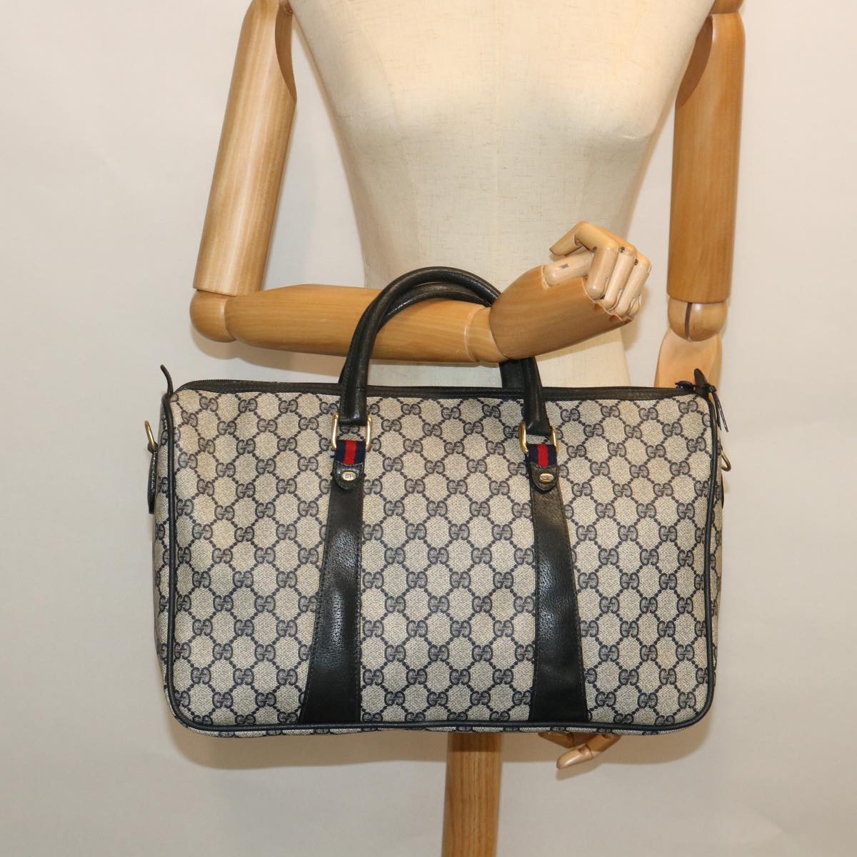 GUCCI GG Canvas Sherry Line Boston Bag PVC Leather Gray Red Navy bs8628