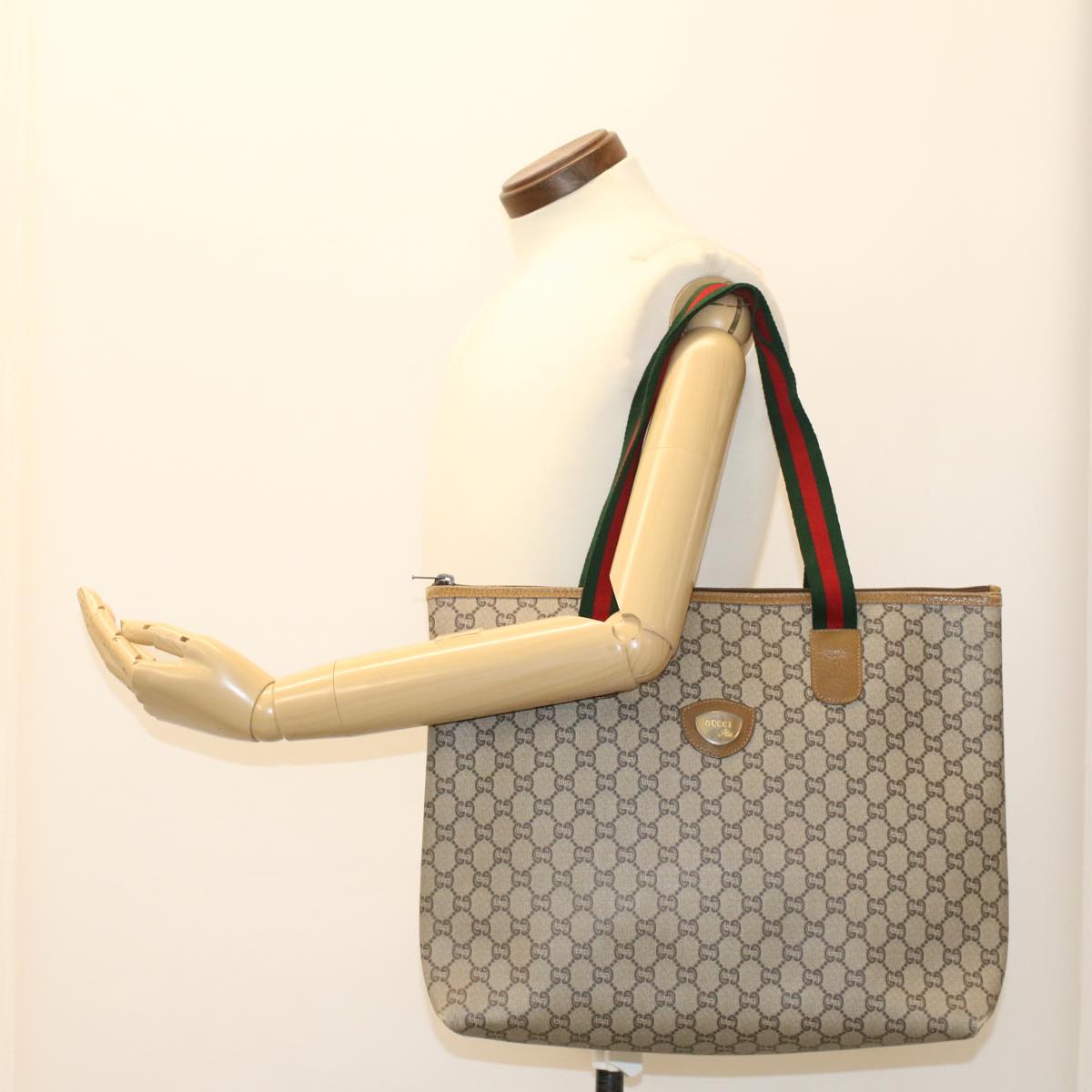 GUCCI GG Plus Canvas Web Sherry Line Tote Bag Beige Red Green ep1048