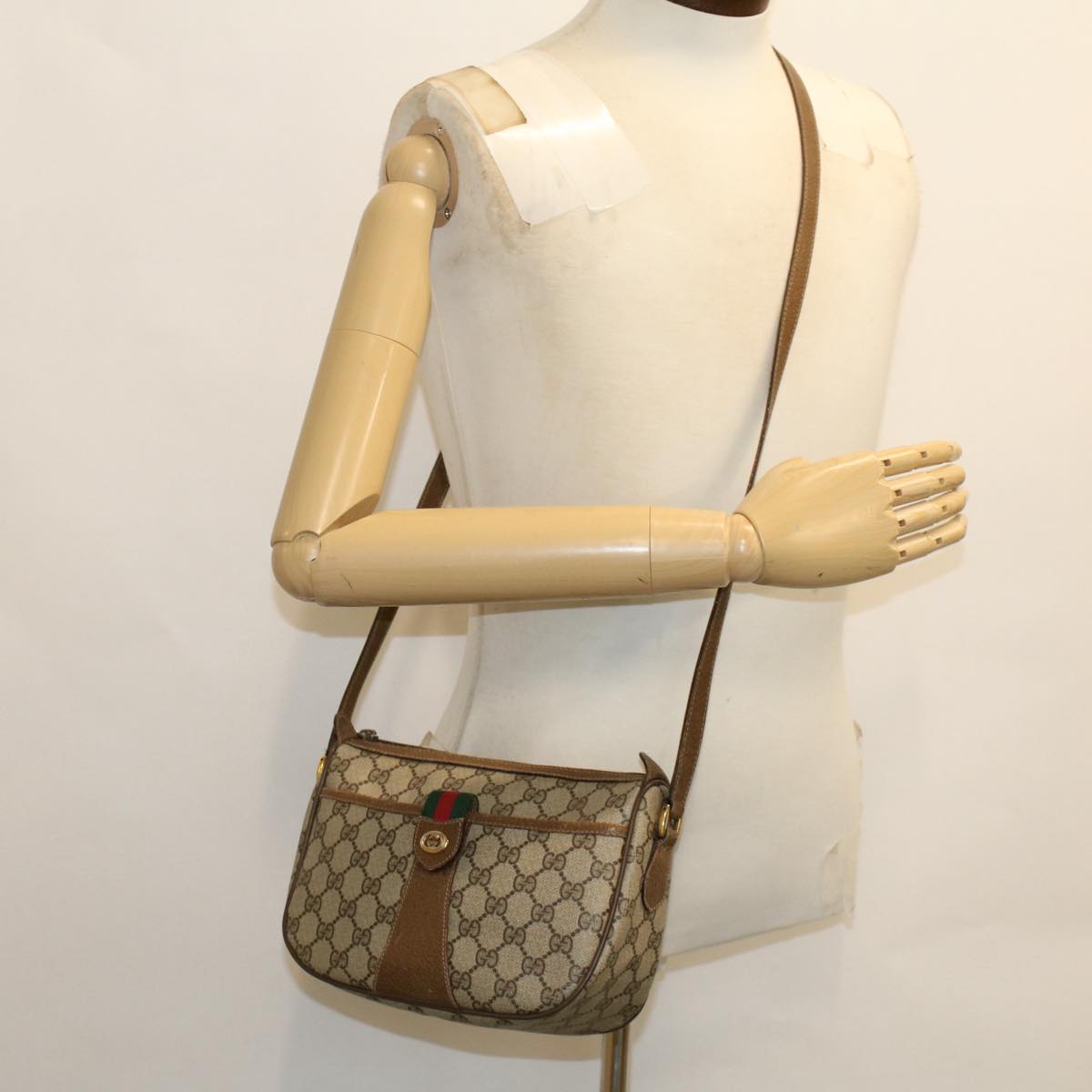 GUCCI GG Canvas Web Sherry Line Shoulder Bag PVC Leather Beige Red ep1330