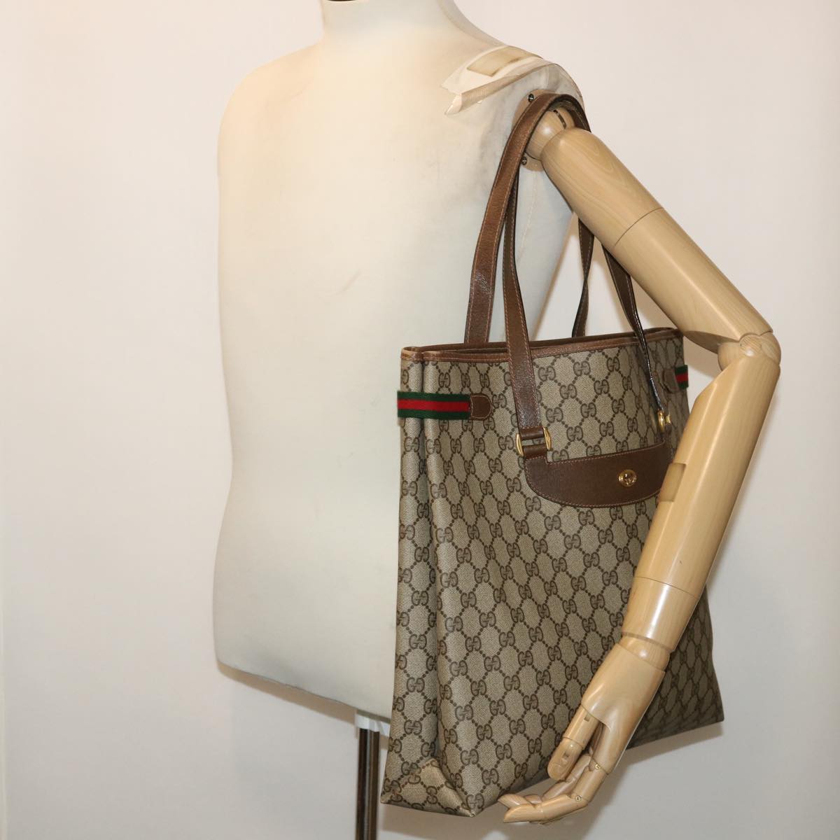 GUCCI GG Canvas Web Sherry Line Tote Bag PVC Leather Beige Red Green ep1333